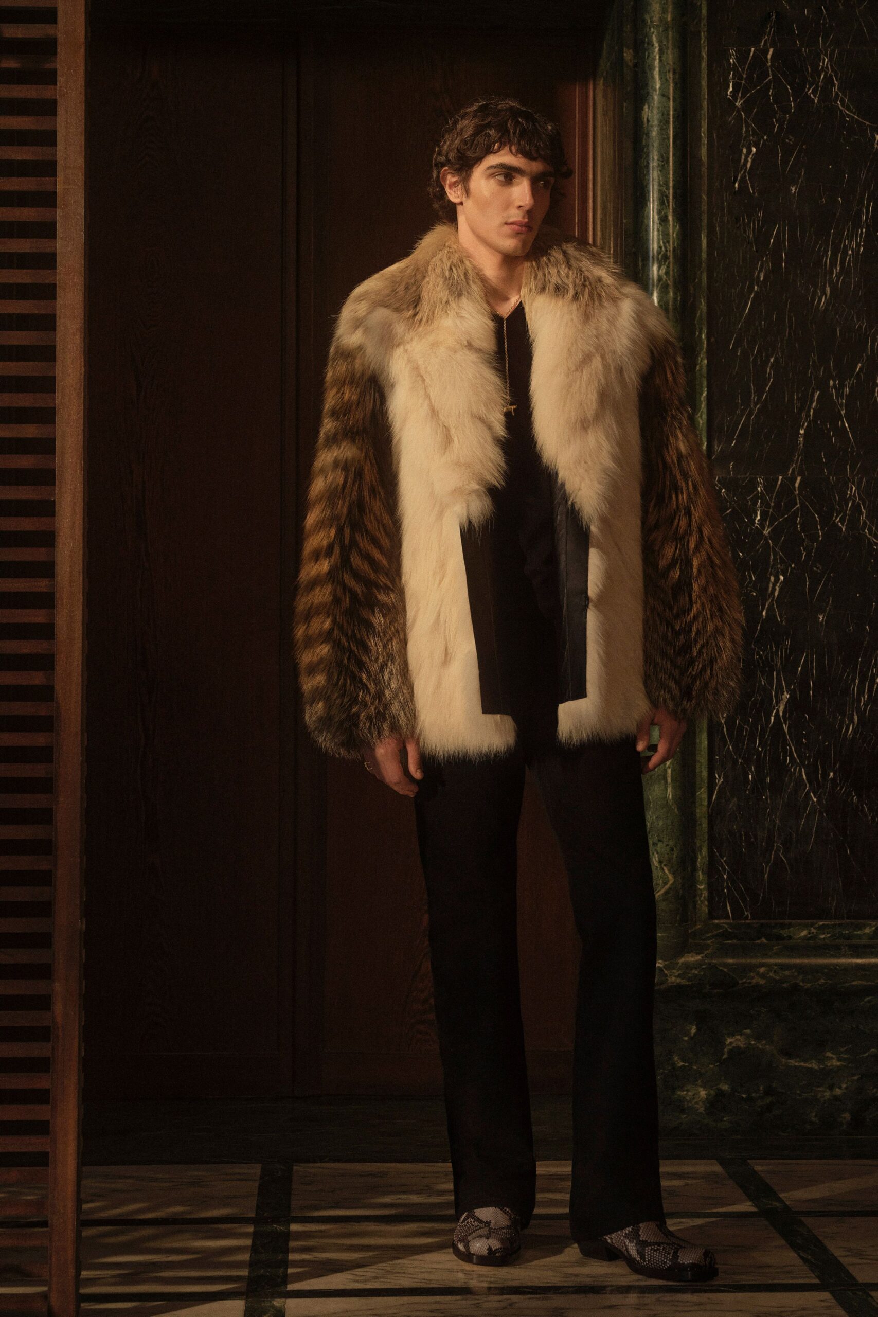 brown fur relaxed striped coat