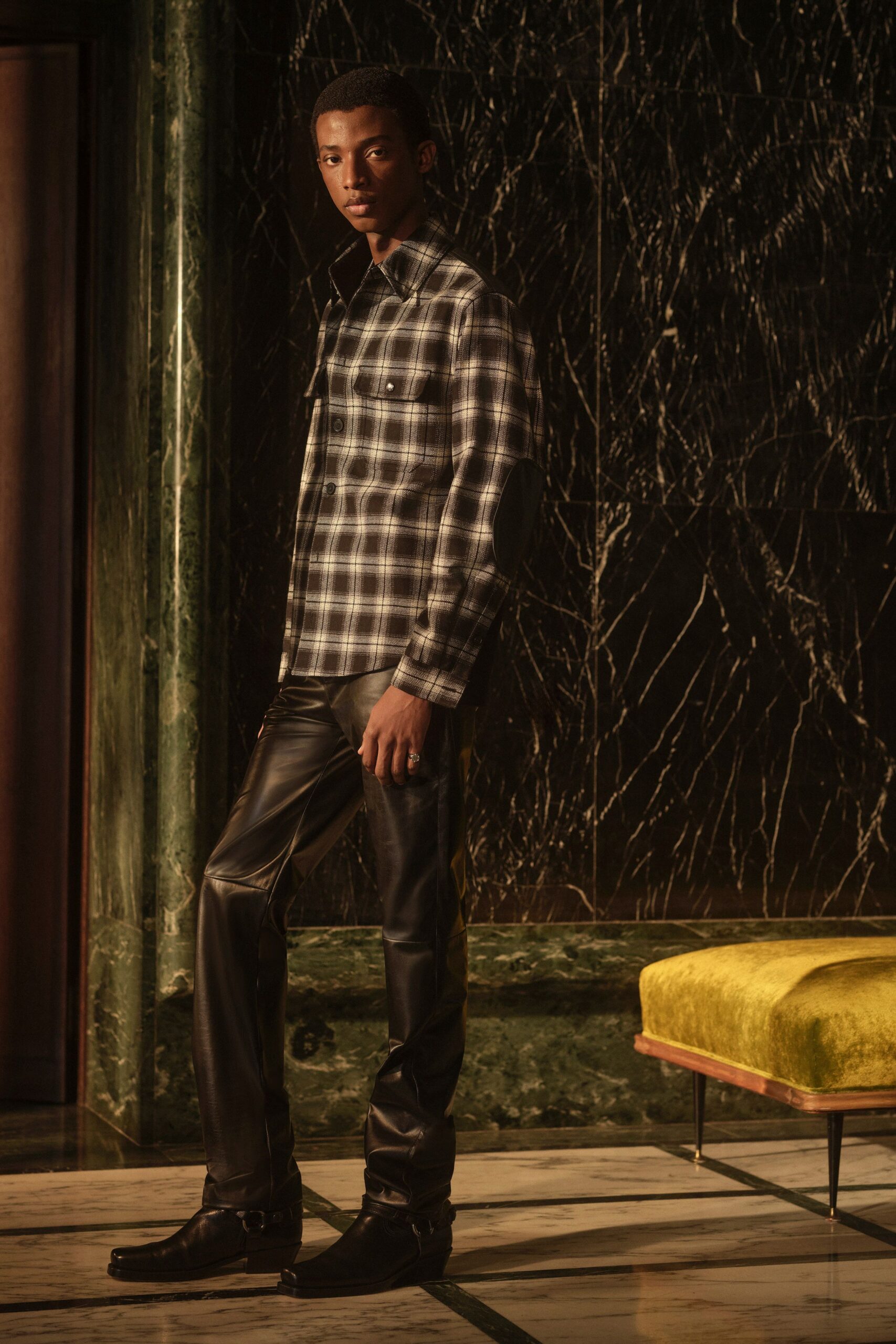 black and white checked shirt with leather pants
