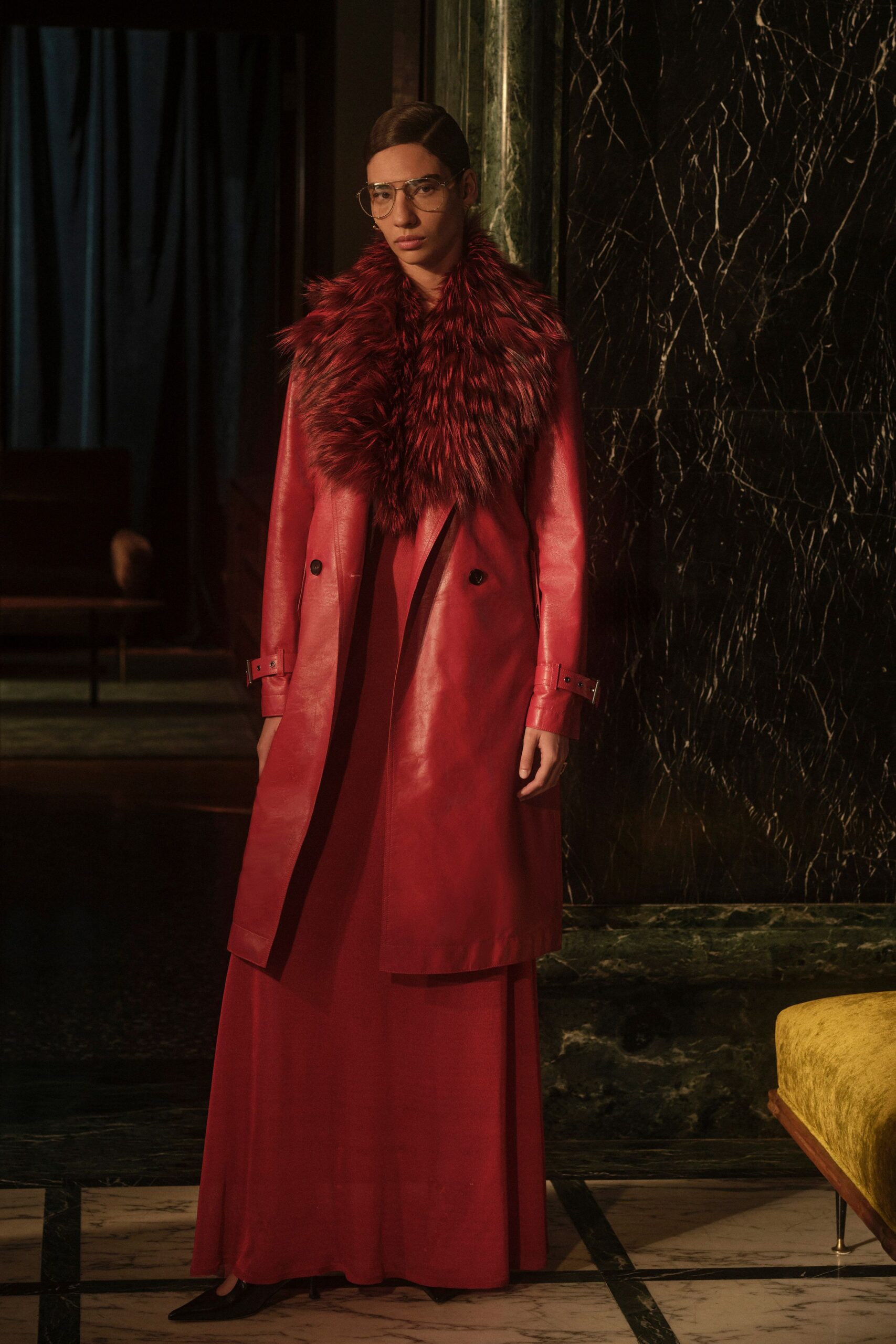 red leather long-sleeve collared fitted buttoned midi coat