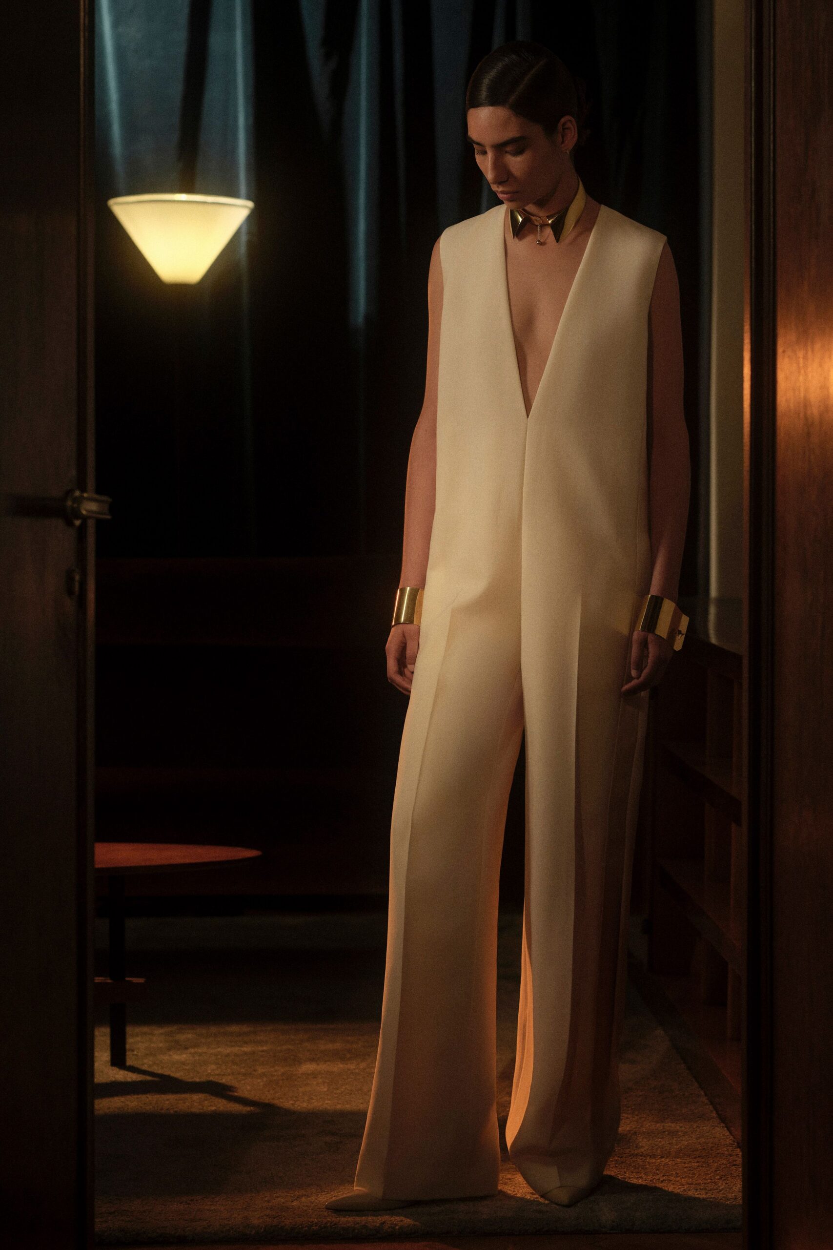 beige silk sleeveless jumpsuit