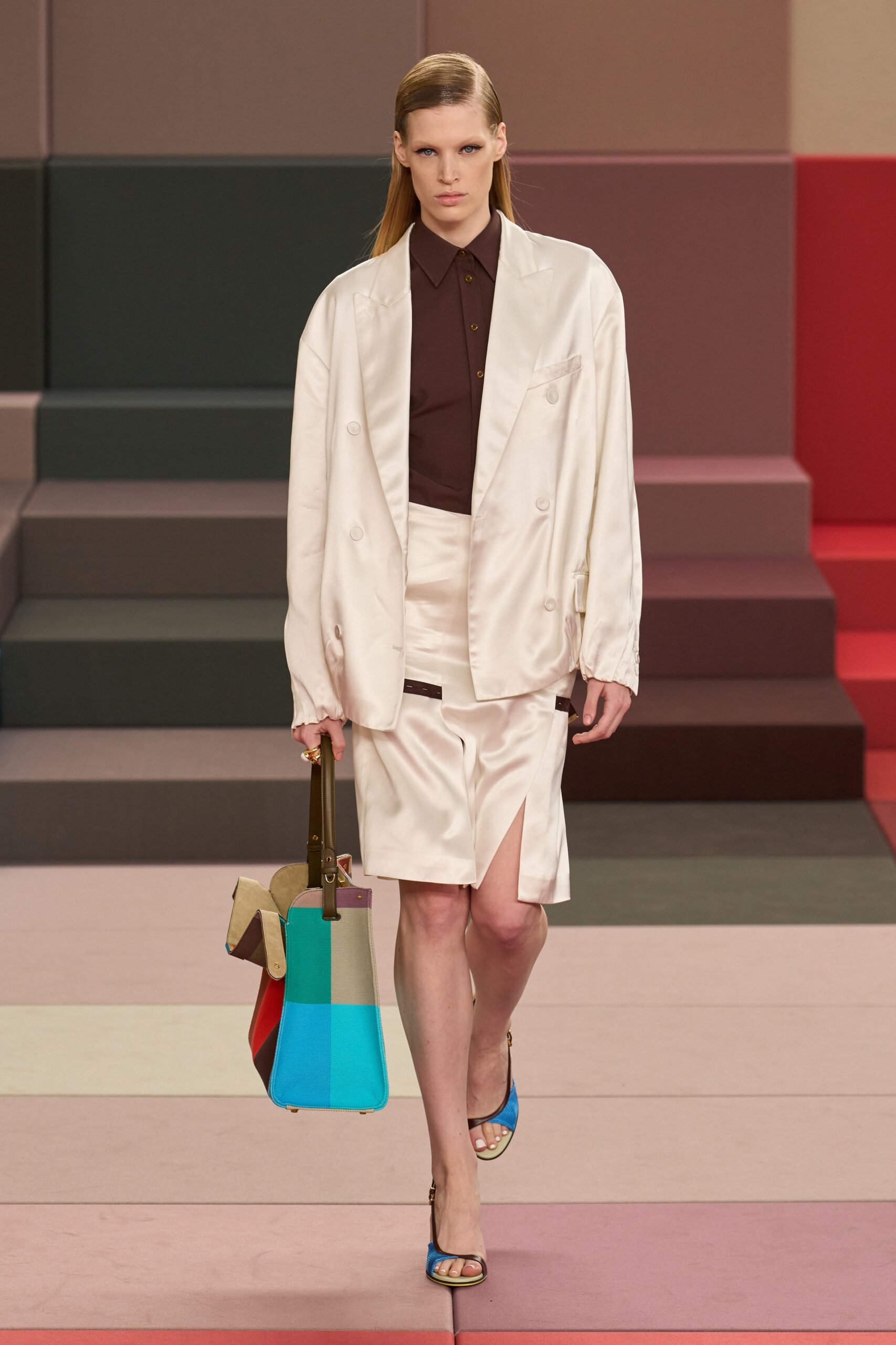 white silk slit fitted skirt