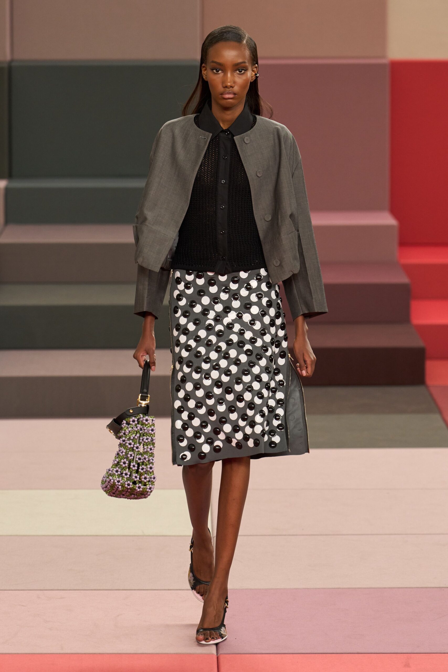 gray wool long-sleeve collared structured buttoned jacket