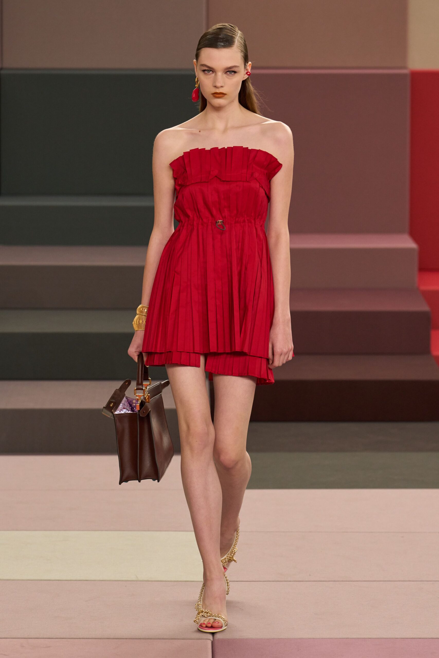 red silk strapless fitted pleated mini dress