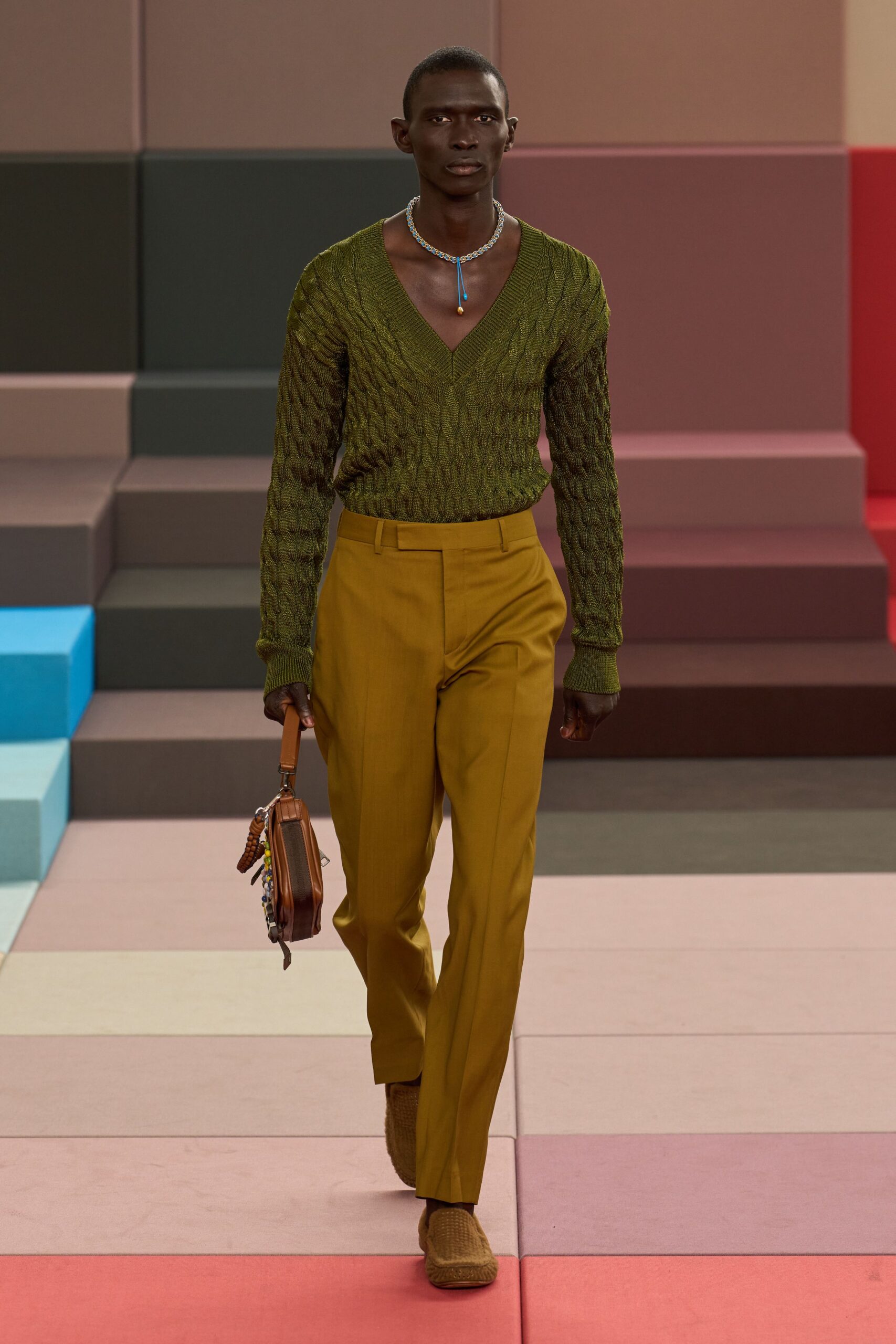 green cotton long-sleeve v-neck fitted textured sweater