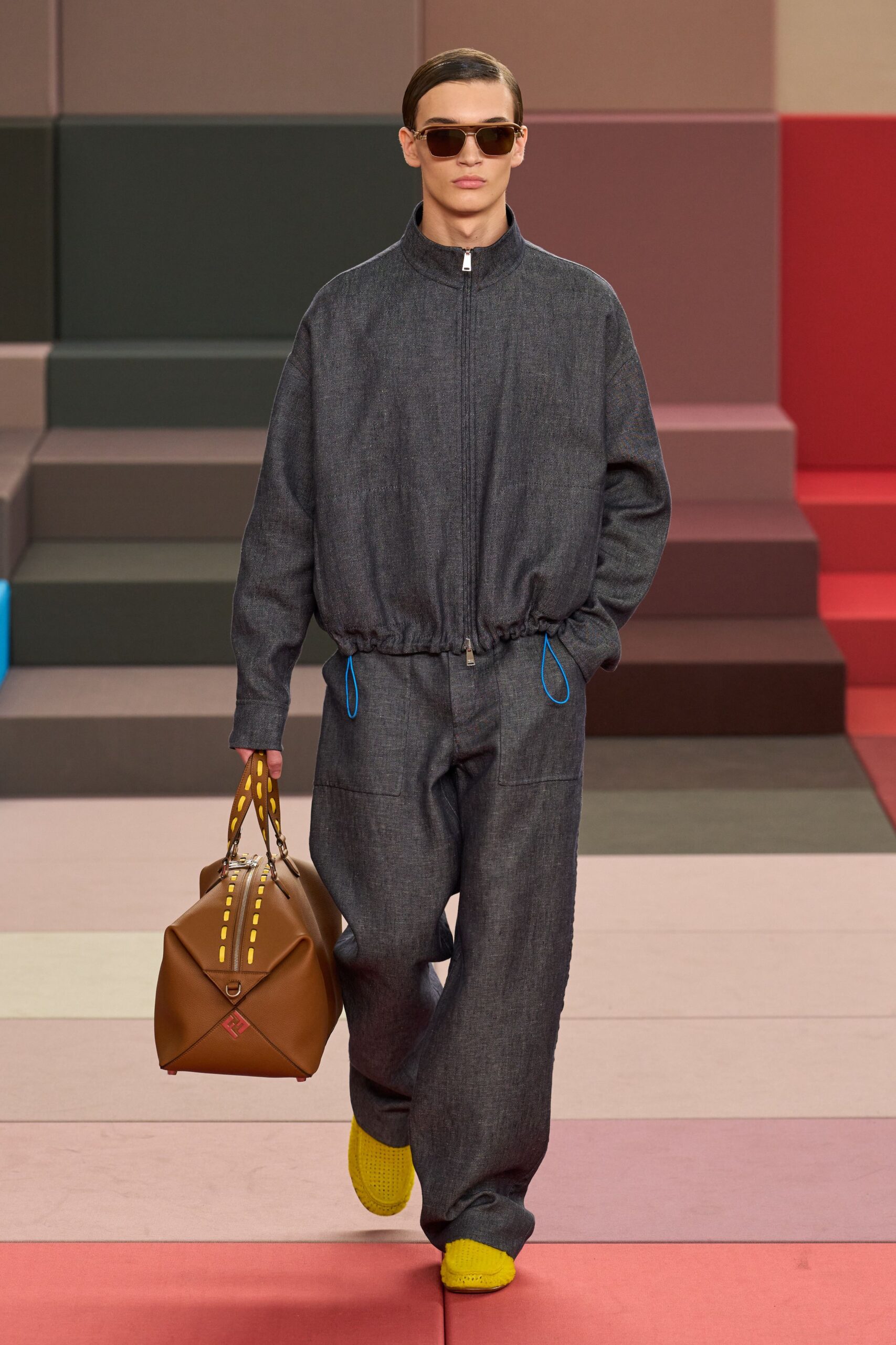 blue denim long-sleeve relaxed zippered pockets jumpsuit