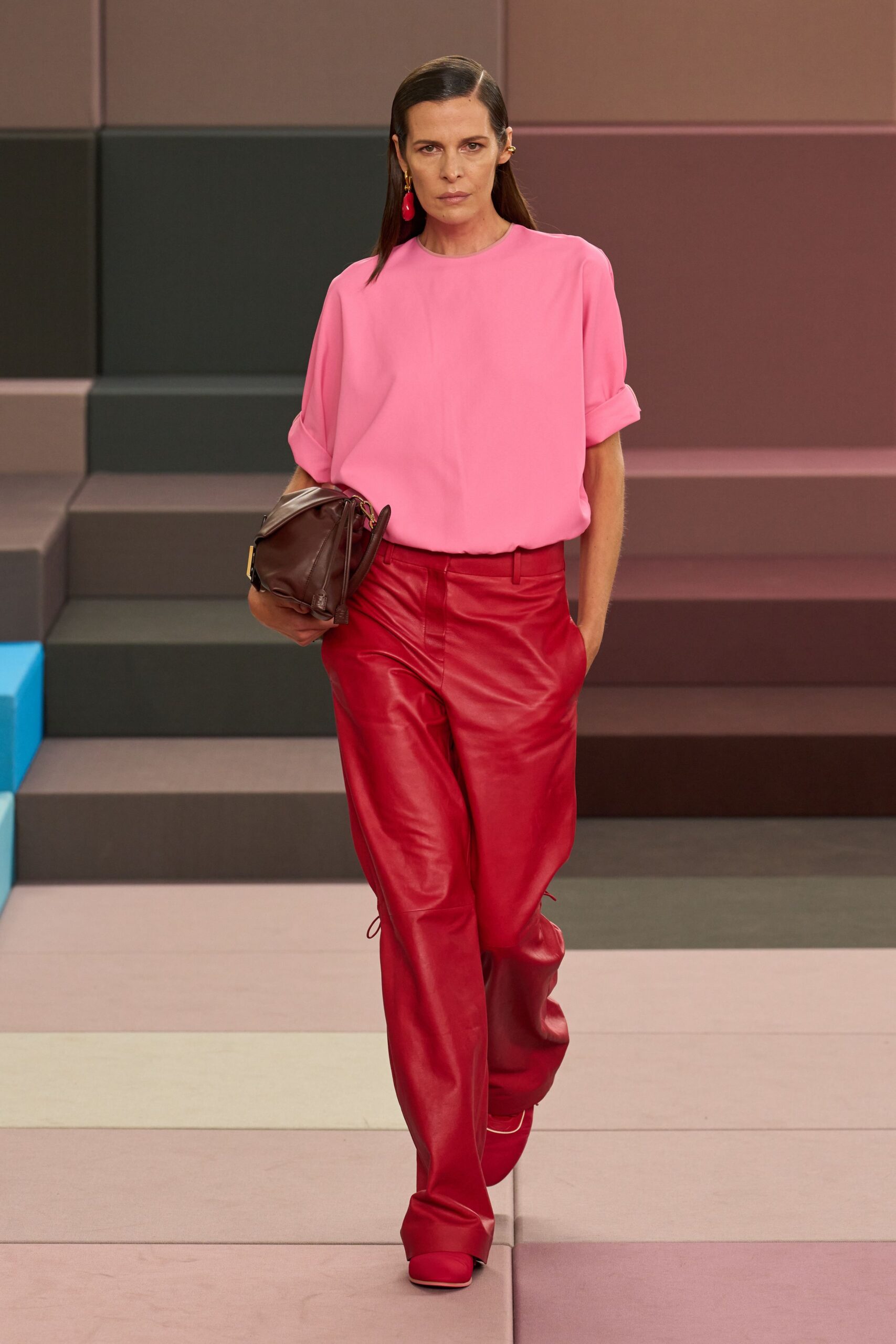 red leather fitted wide-leg pants