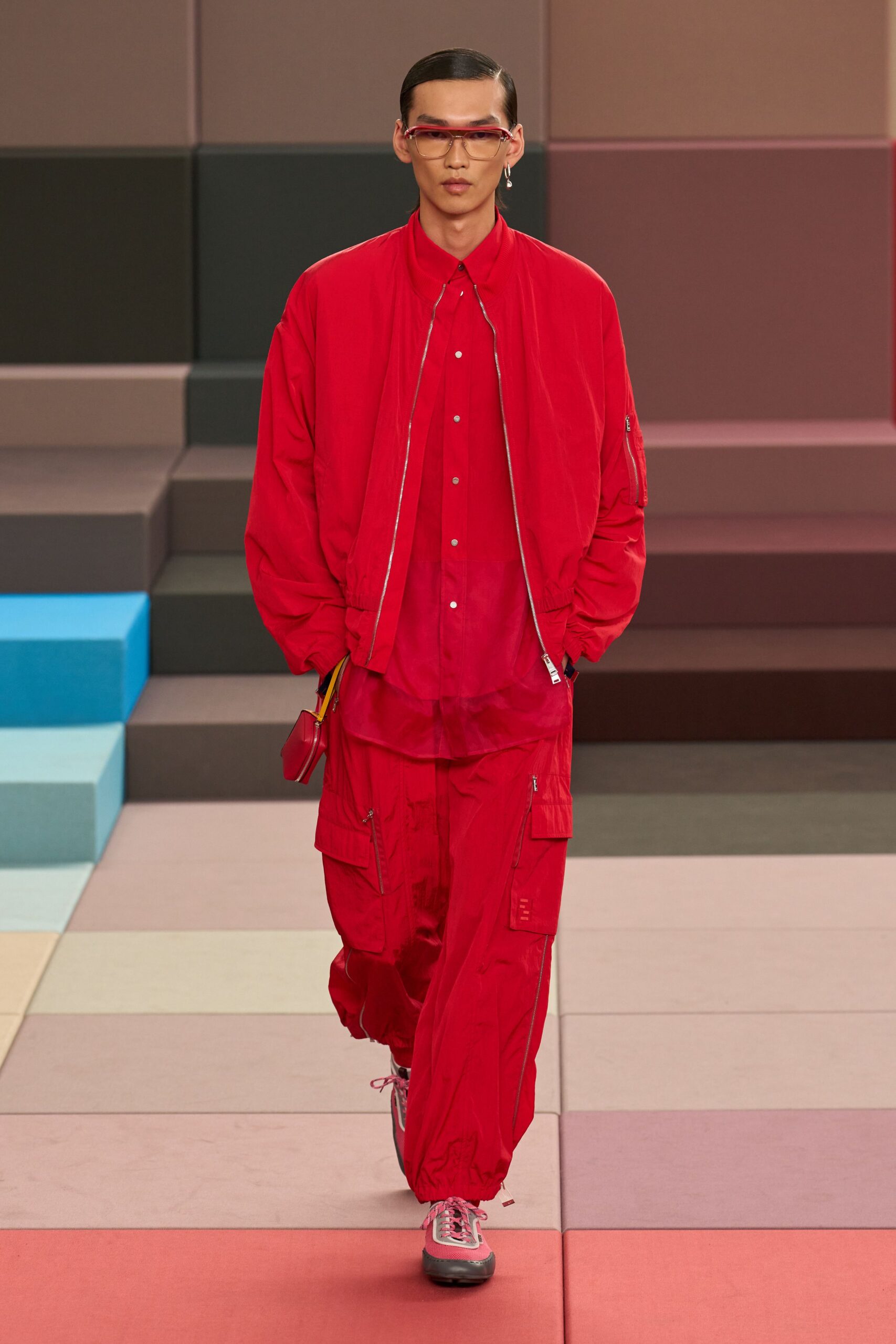 red cotton long-sleeve collared oversized zippered jacket