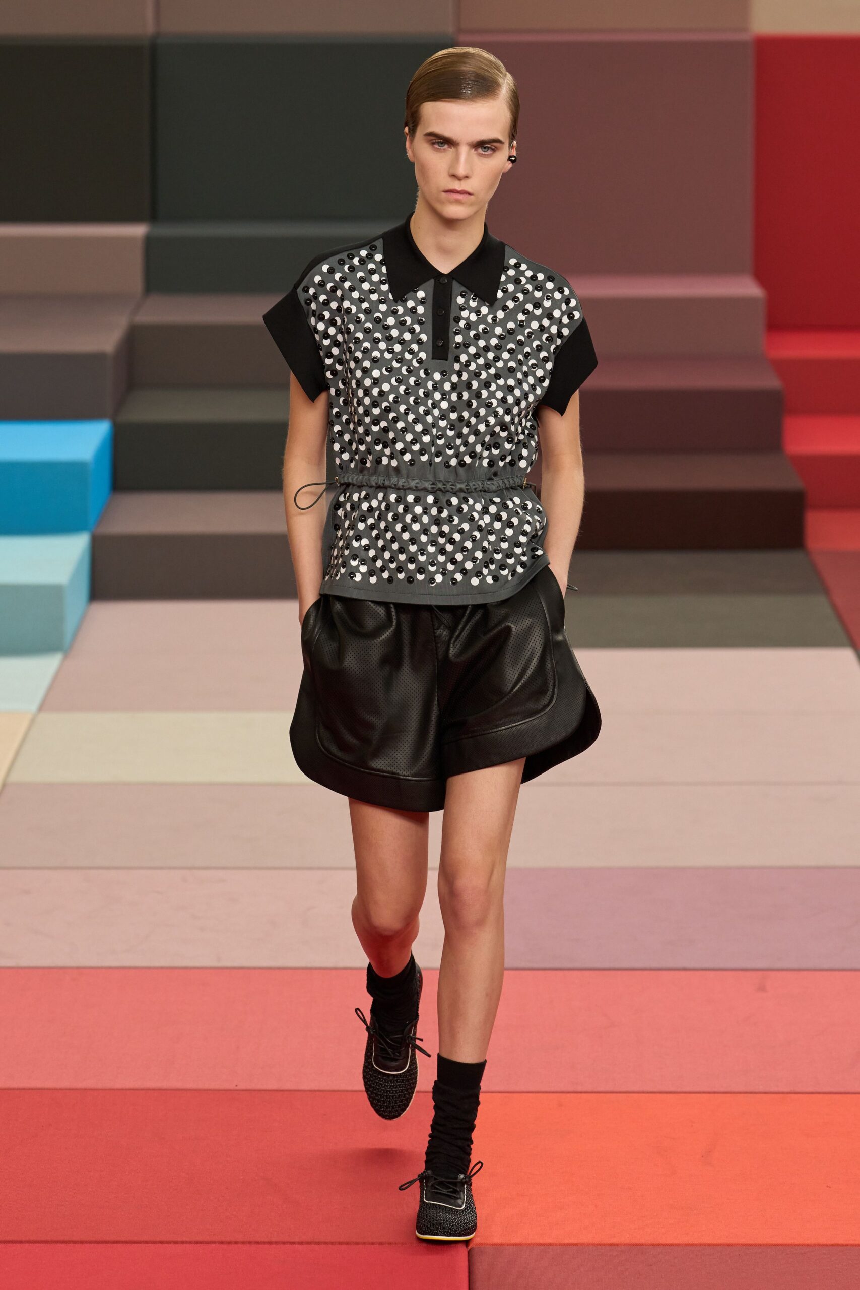 black cotton short-sleeve collared fitted printed top