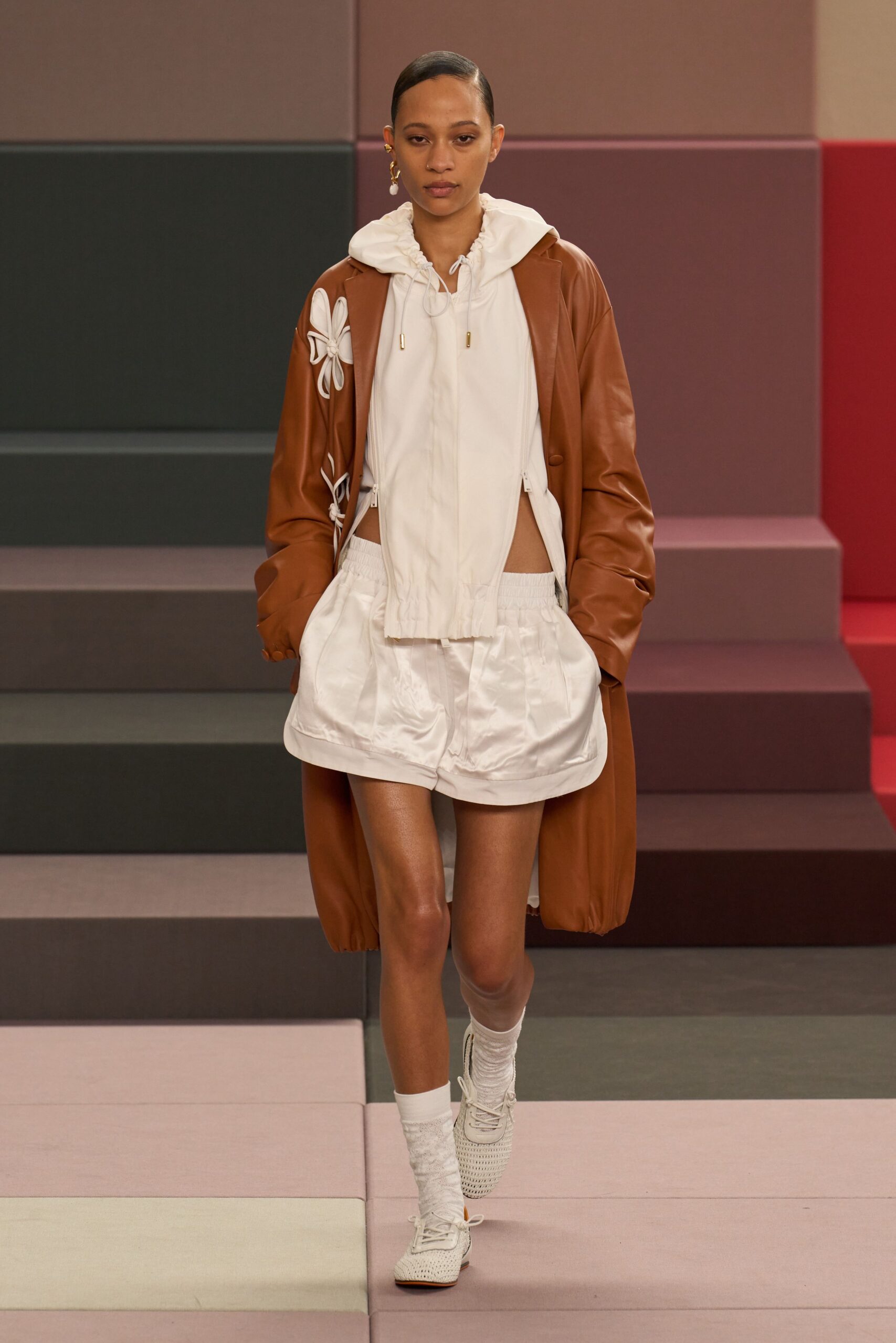 brown leather long-sleeve relaxed buttoned coat