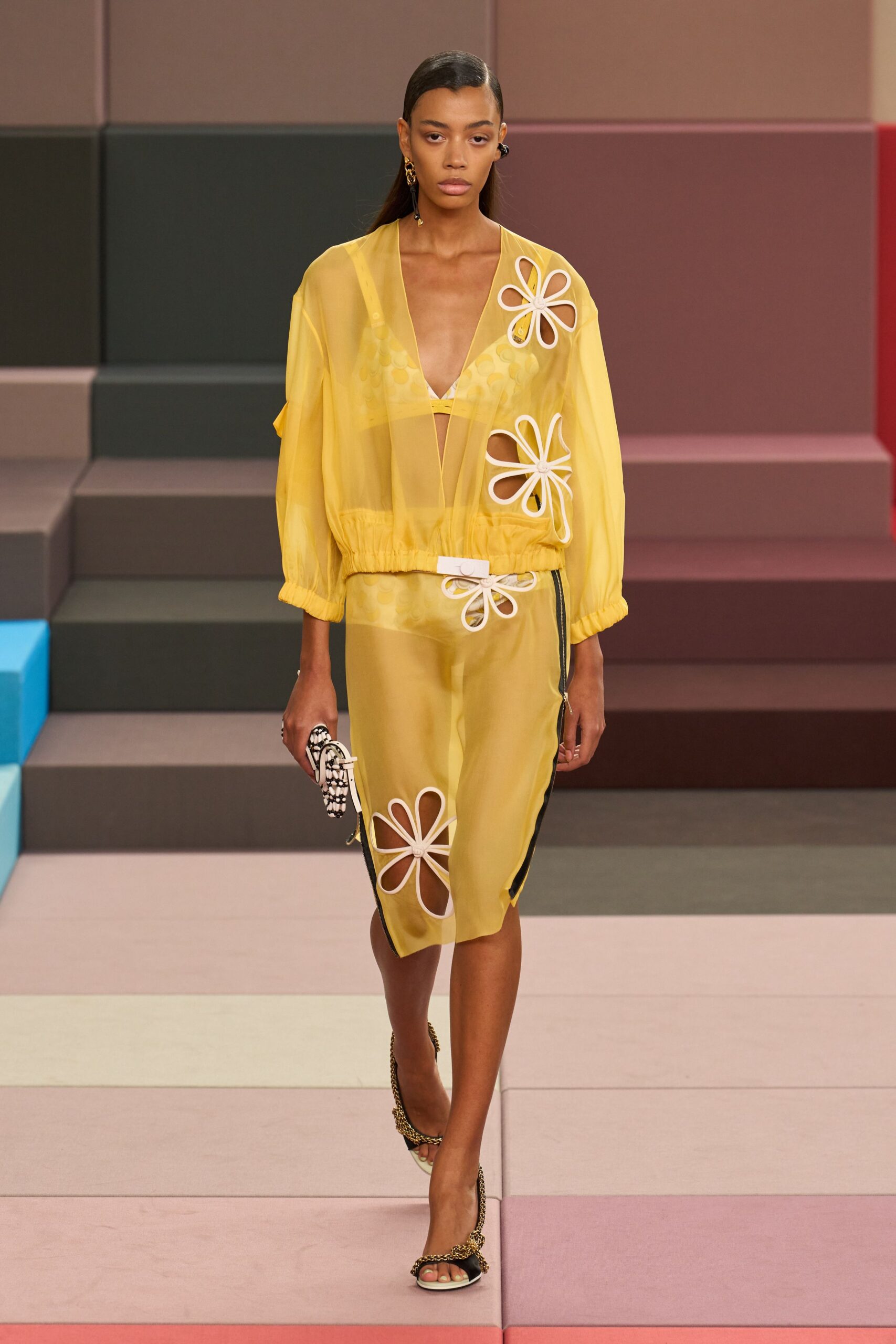 yellow chiffon long-sleeve v-neck relaxed floral draped dress