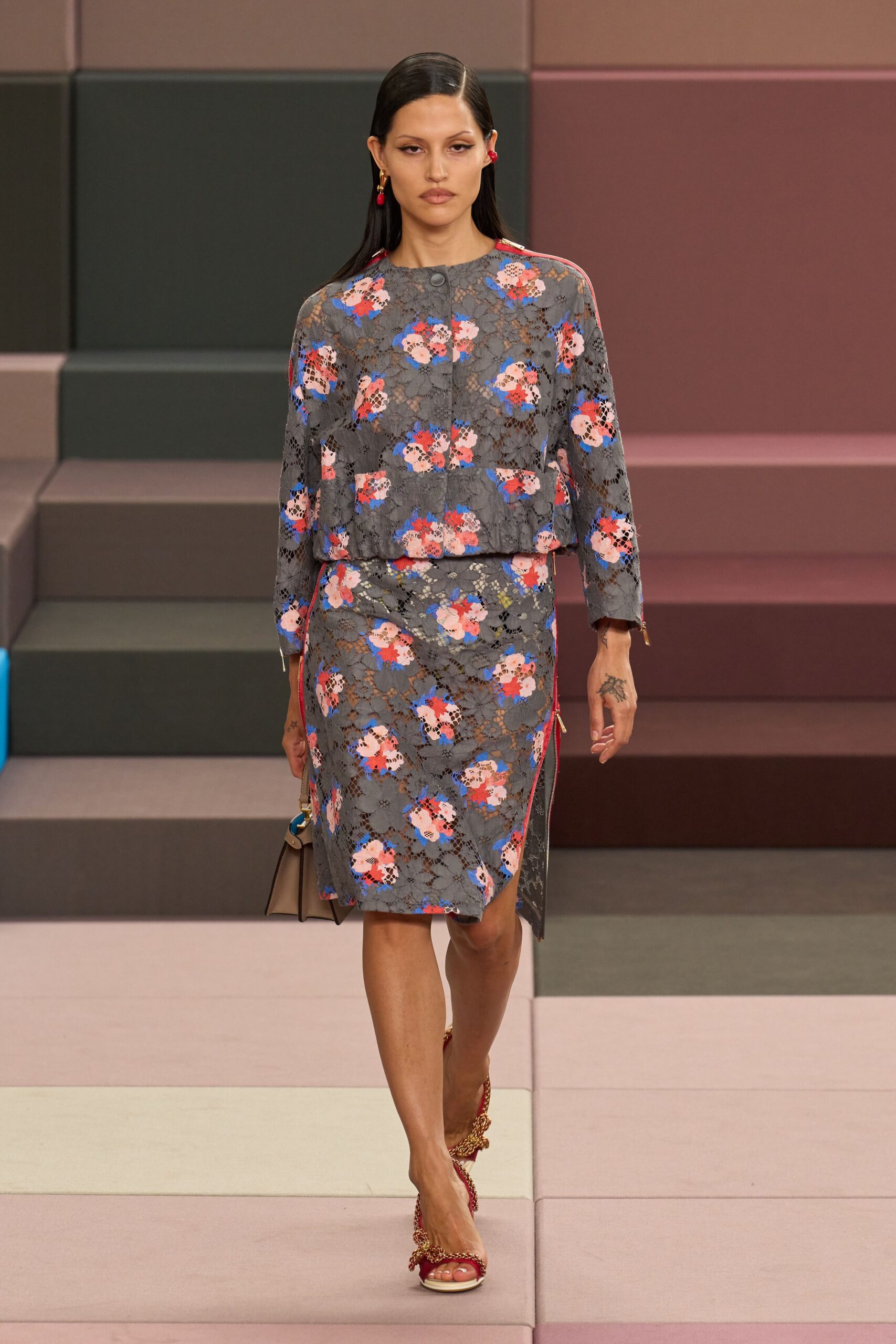 gray lace long-sleeve collared fitted floral layered dress