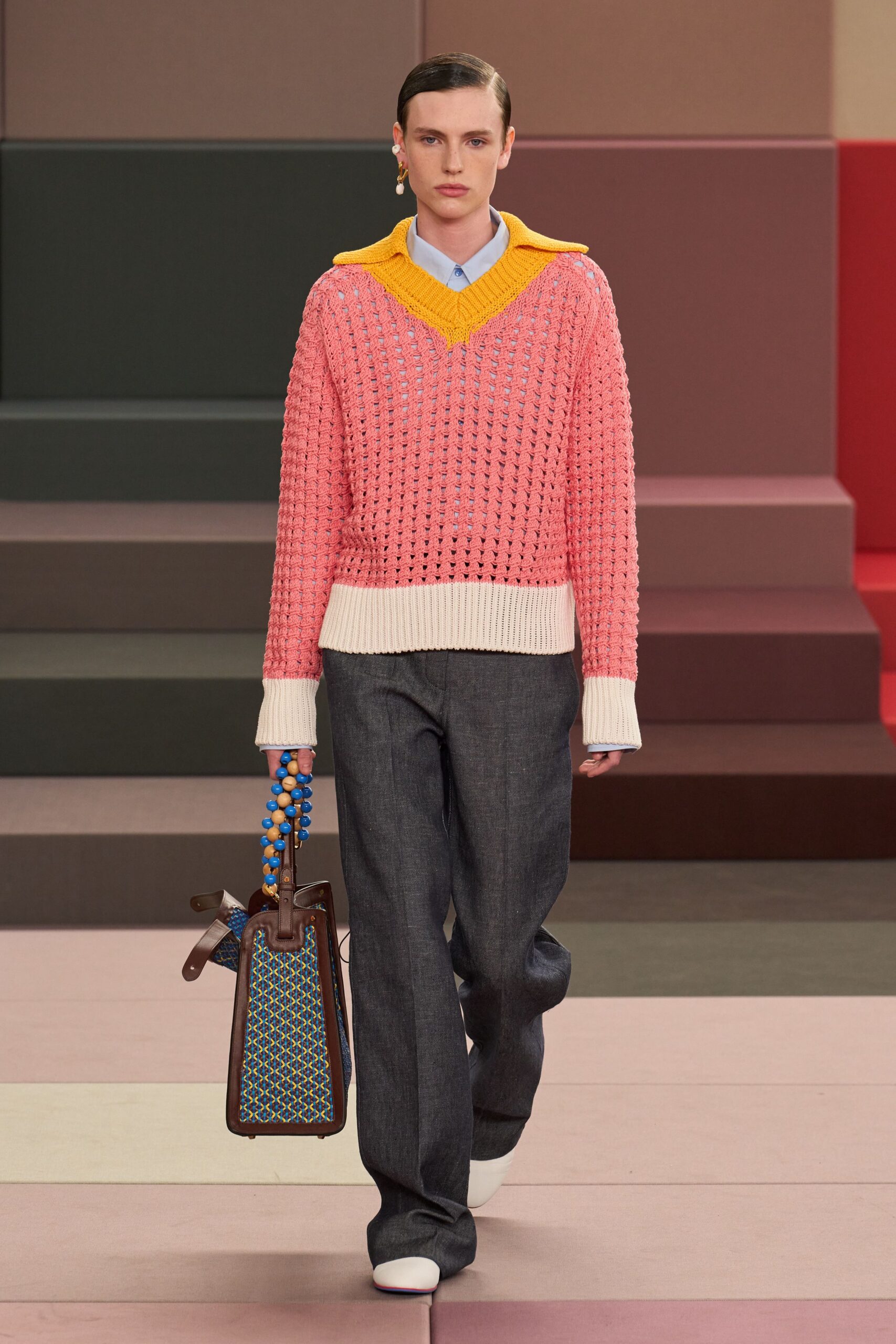 pink cotton long-sleeve v-neck relaxed layered sweater
