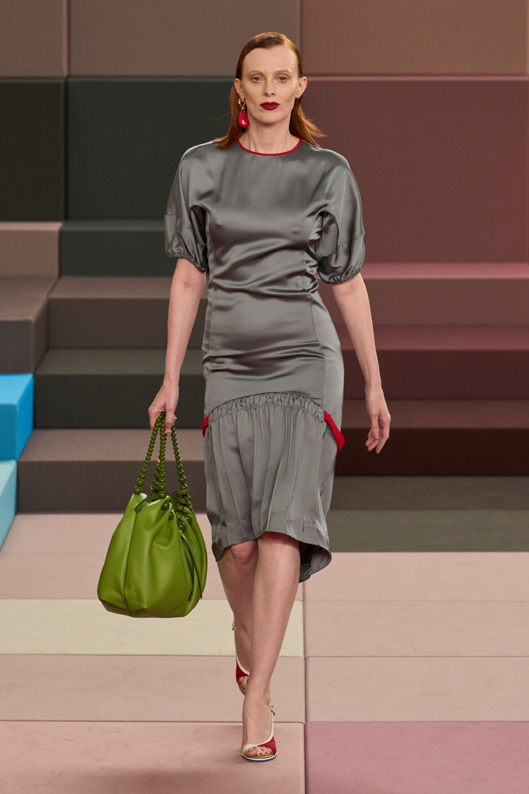 gray silk short-sleeve v-neck fitted pleated midi dress