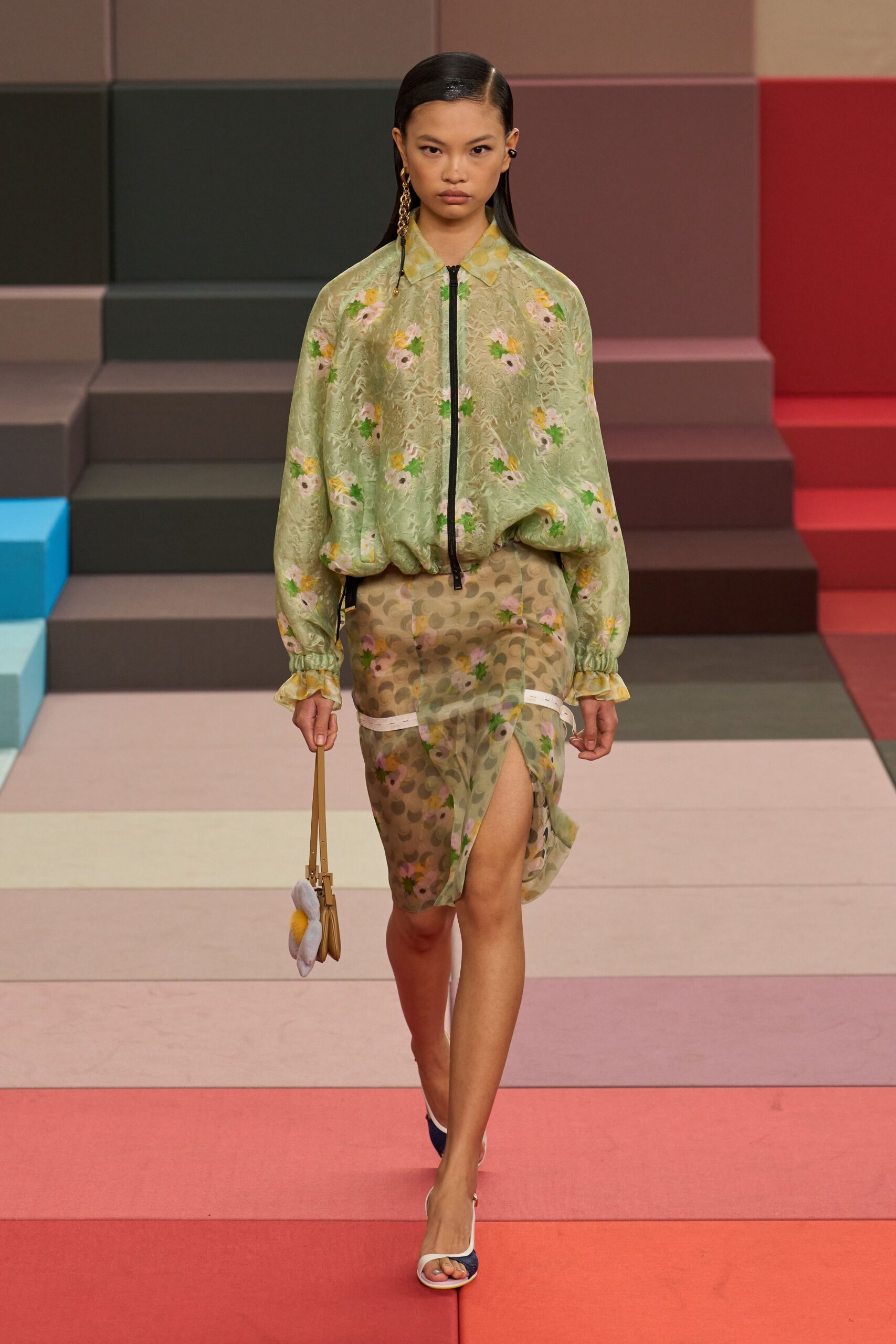 green chiffon long-sleeve collared relaxed floral zippered blouse
