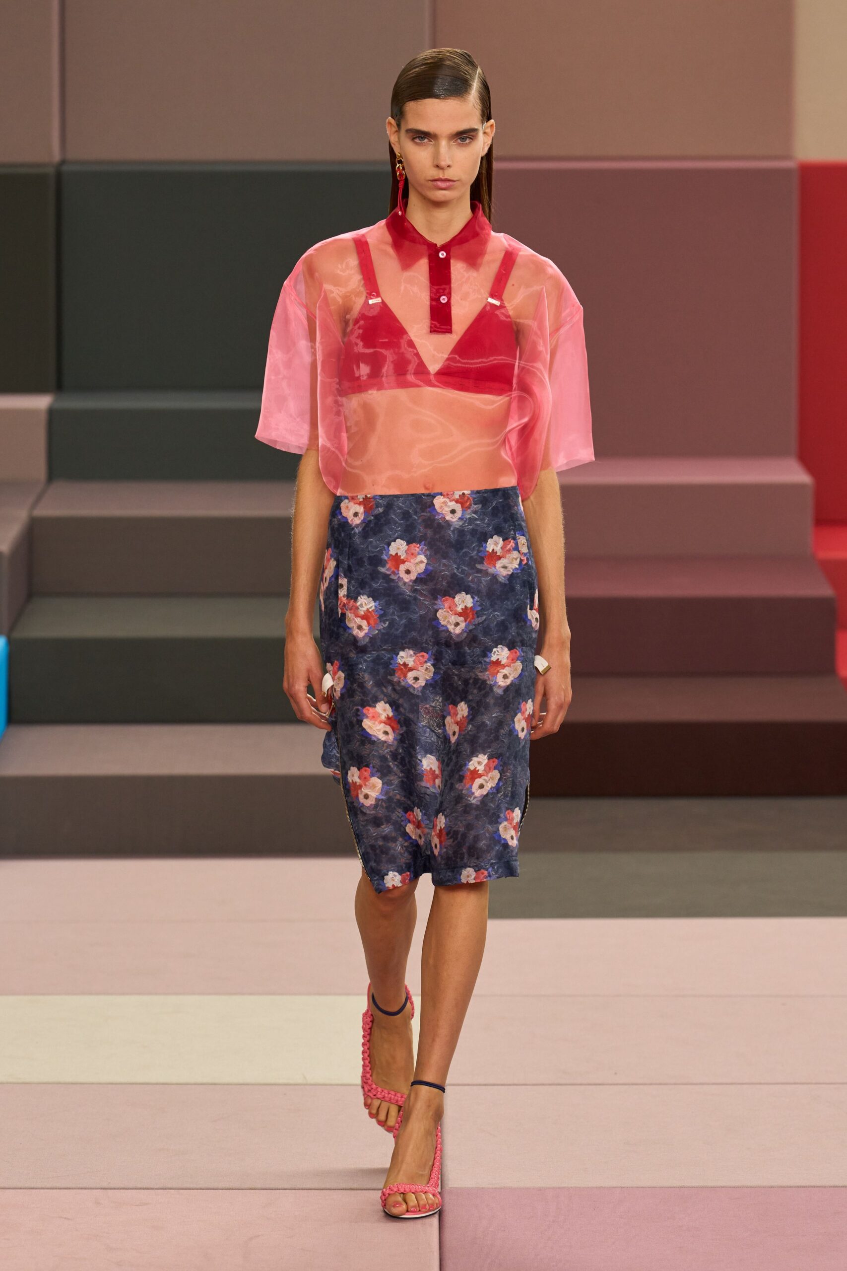 blue cotton fitted floral pencil skirt