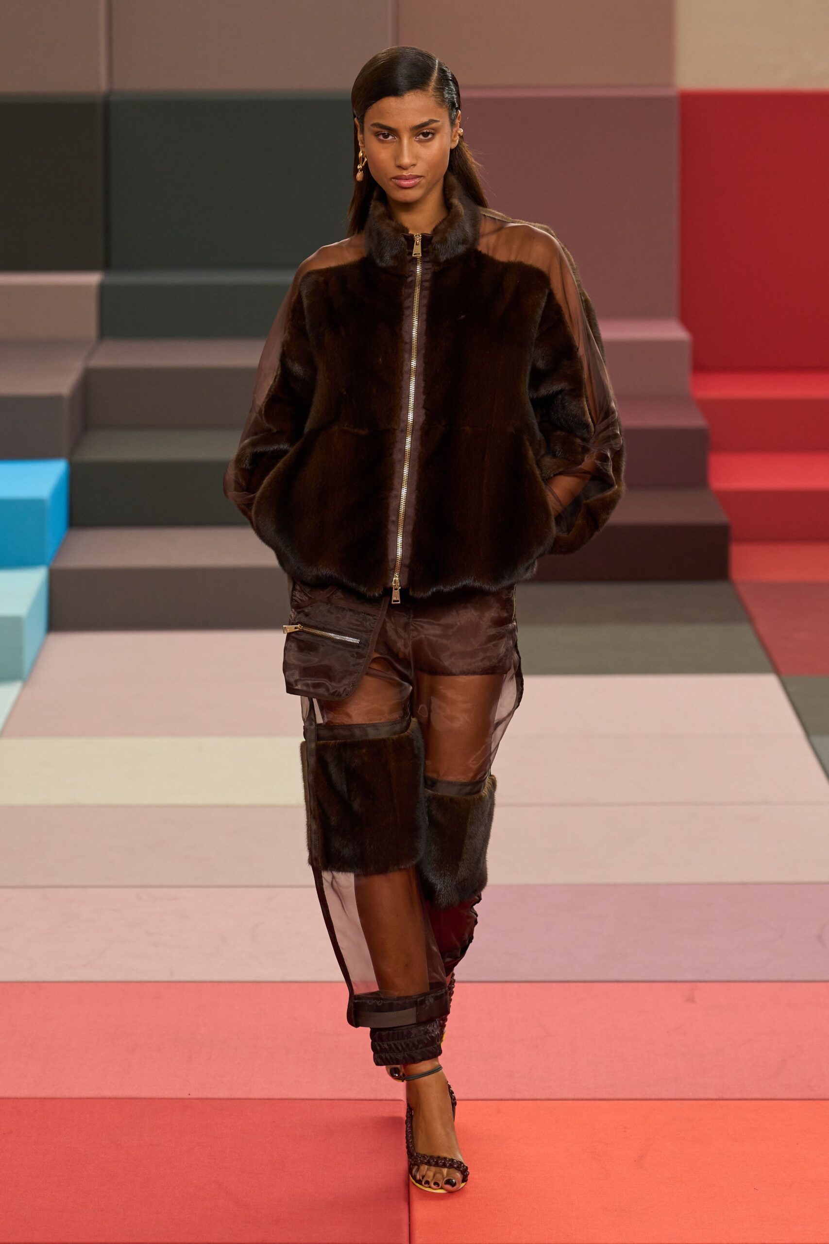 brown faux-fur jacket and pants