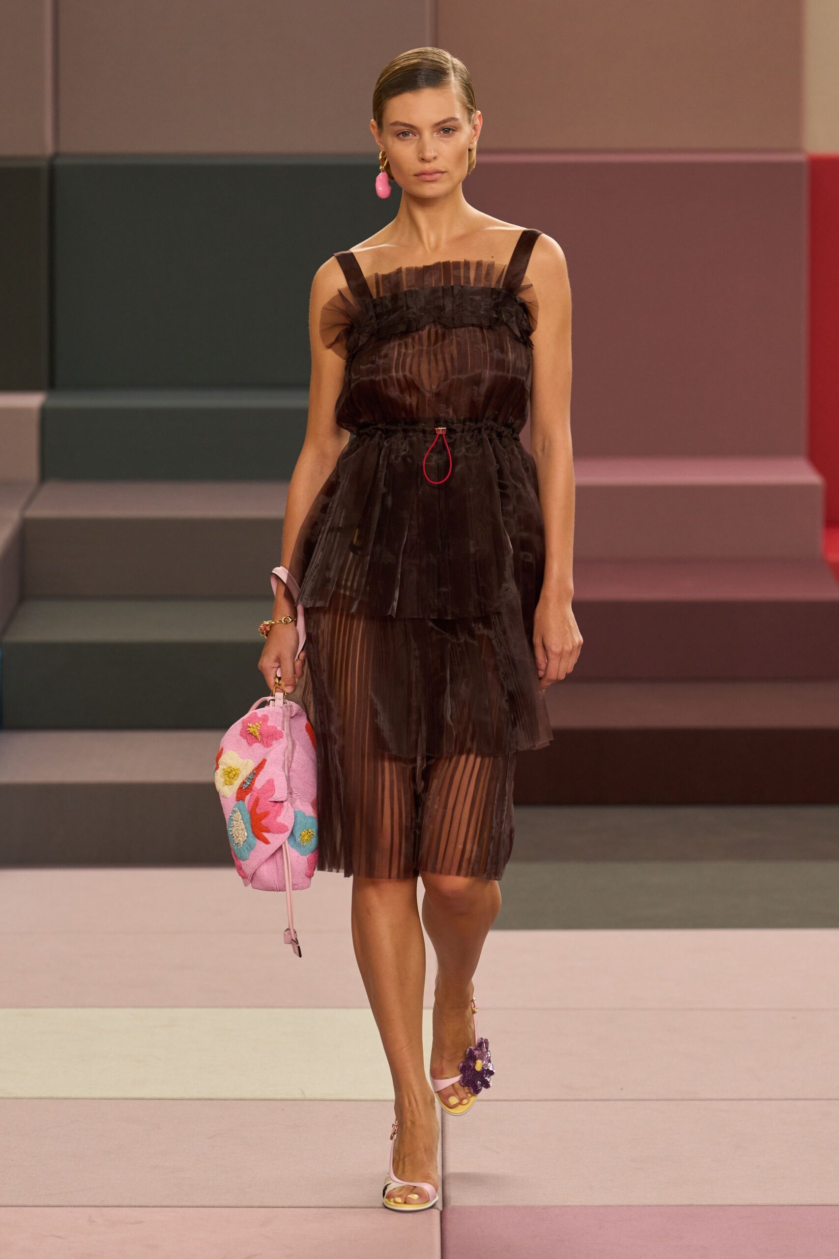 brown silk sleeveless v-neck fitted pleated layered dress