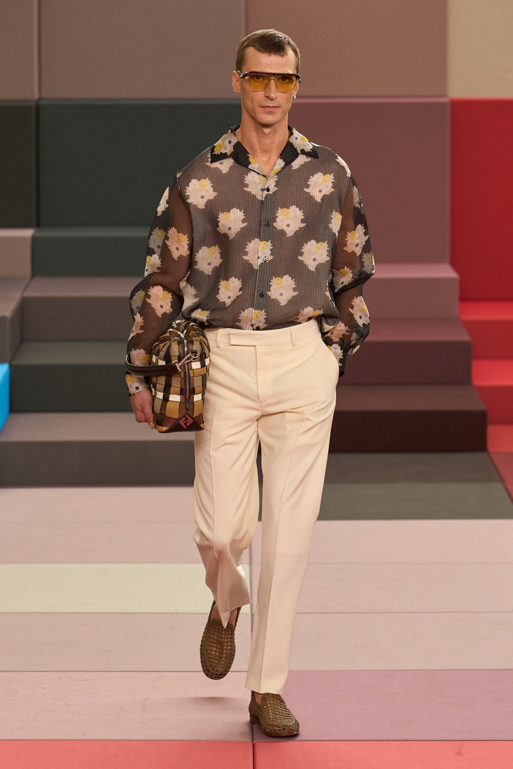 floral black shirt with tailored pants