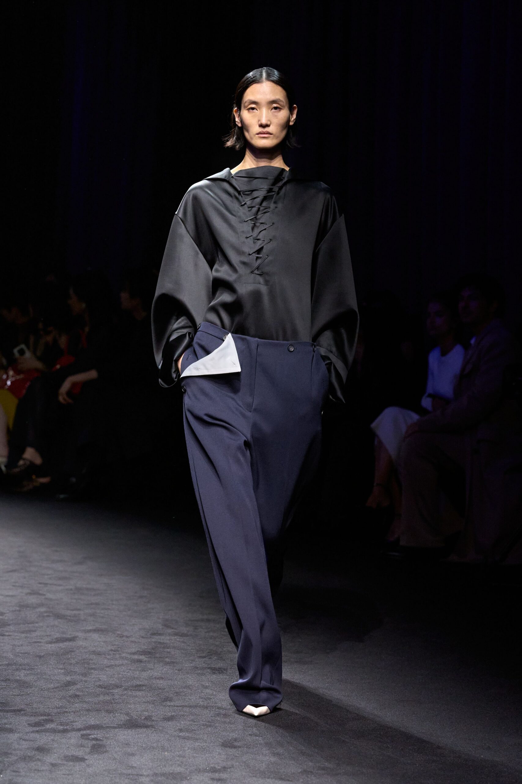 black silk long-sleeve high-neck relaxed pleated top