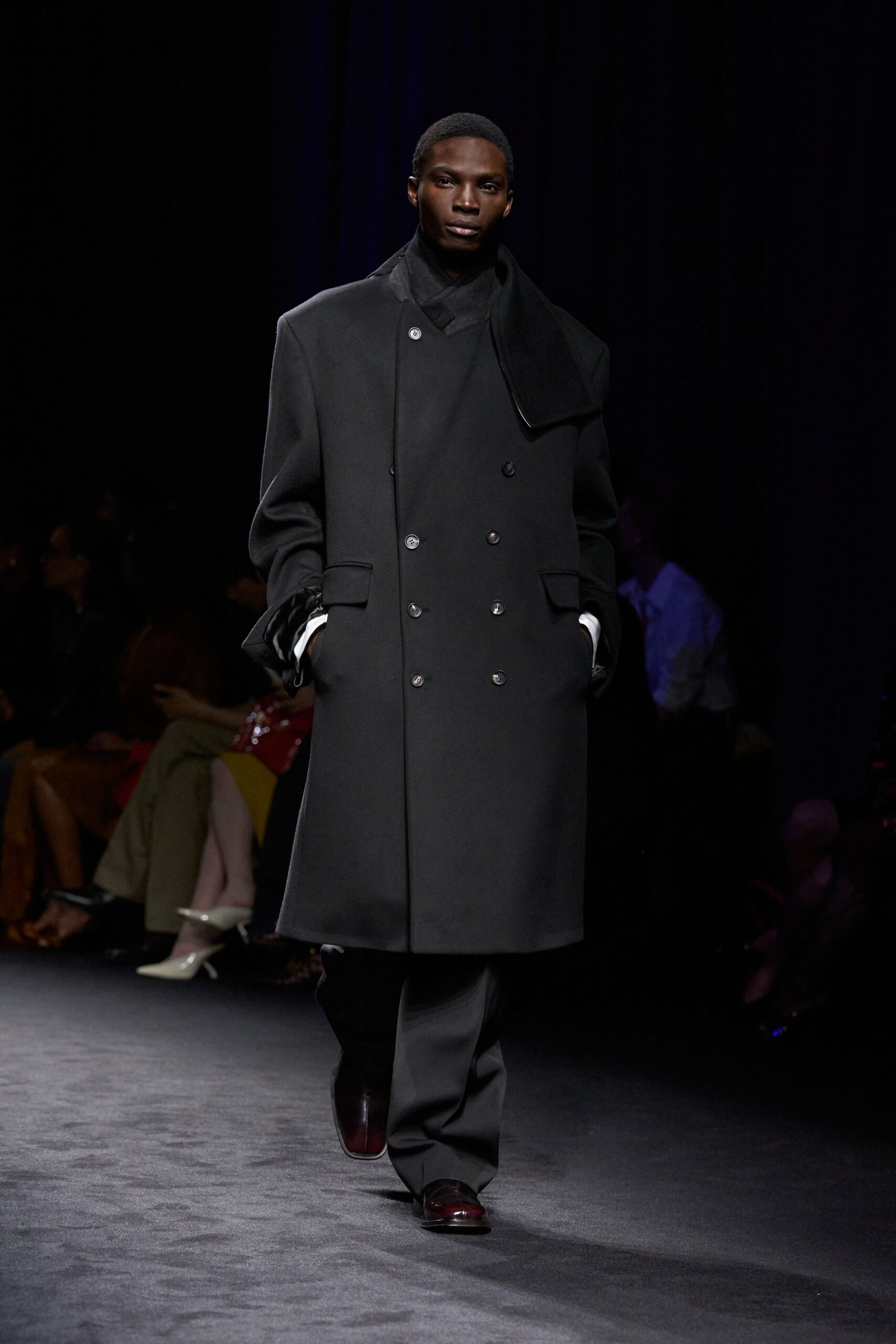 black wool long-sleeve double-breasted structured coat