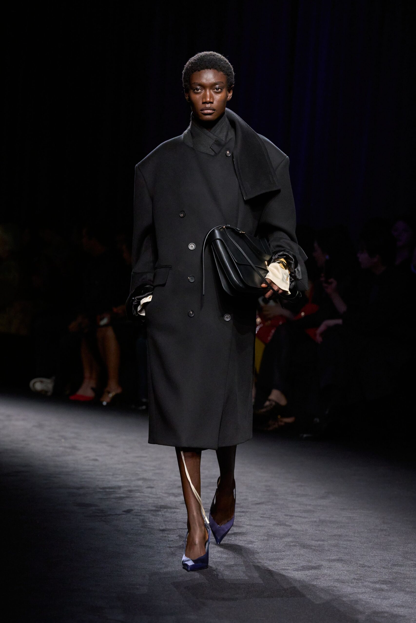 black wool long-sleeve collared oversized buttoned coat