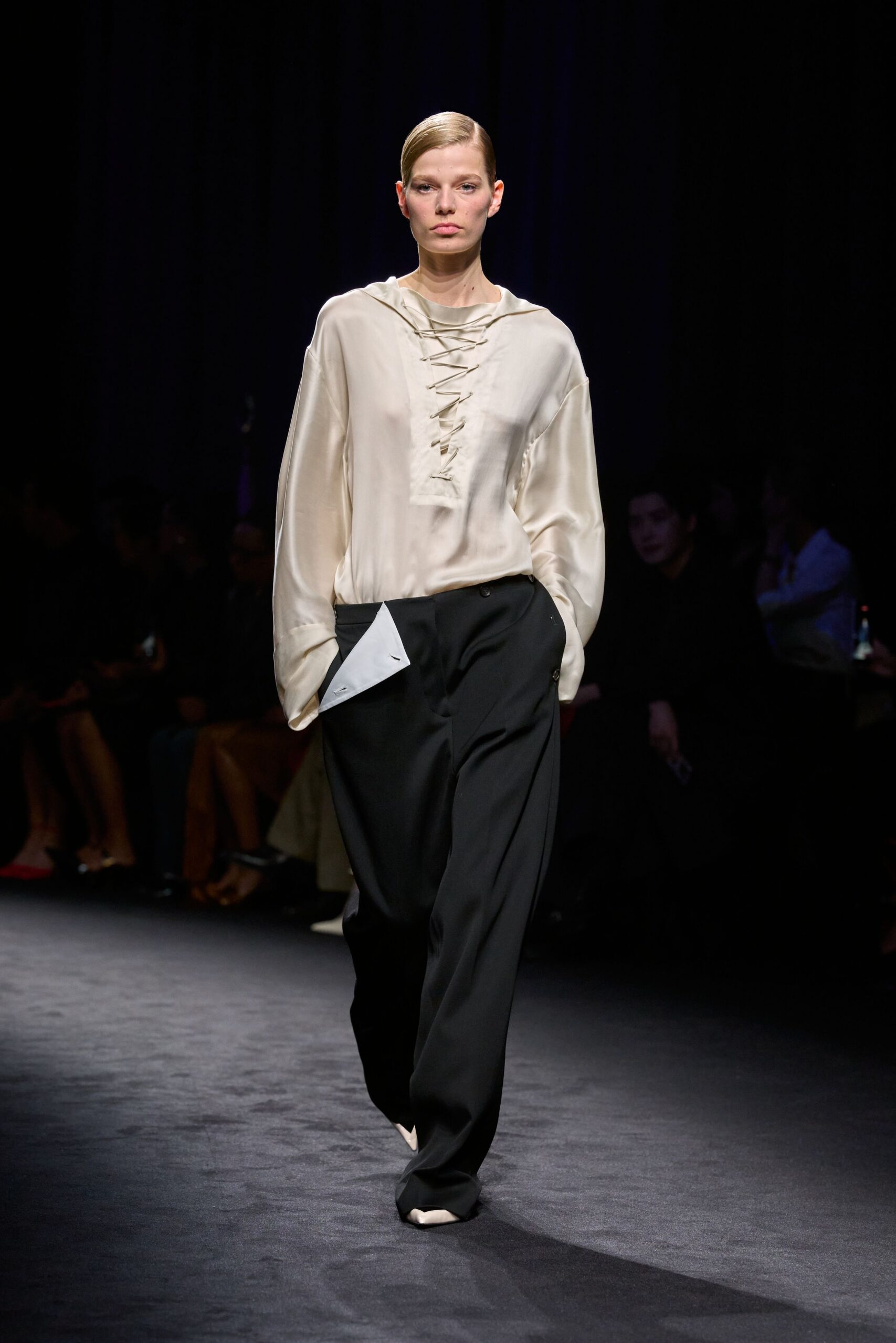 white silk long-sleeve v-neck relaxed buttoned blouse