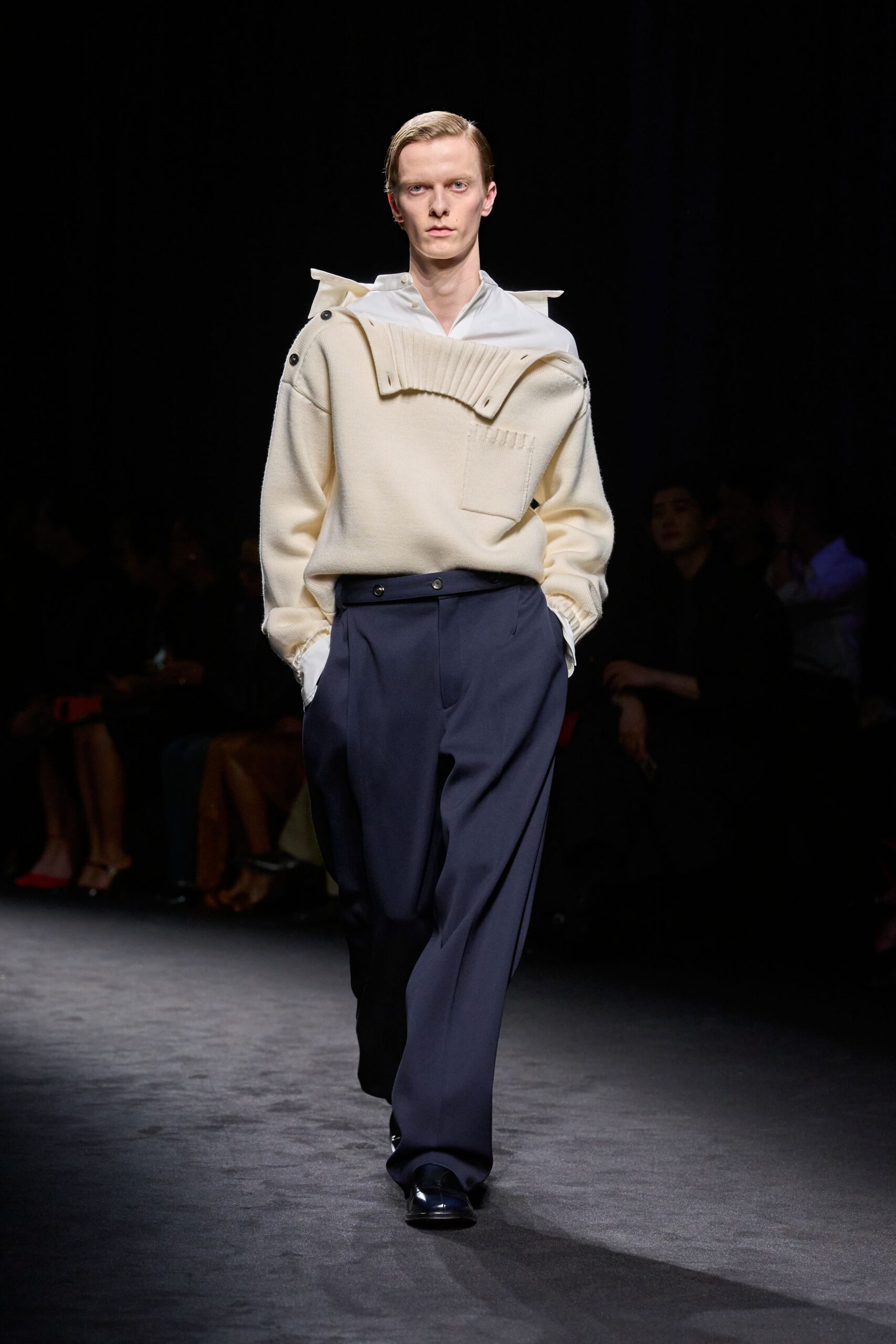 beige wool long-sleeve collared relaxed pleated sweater