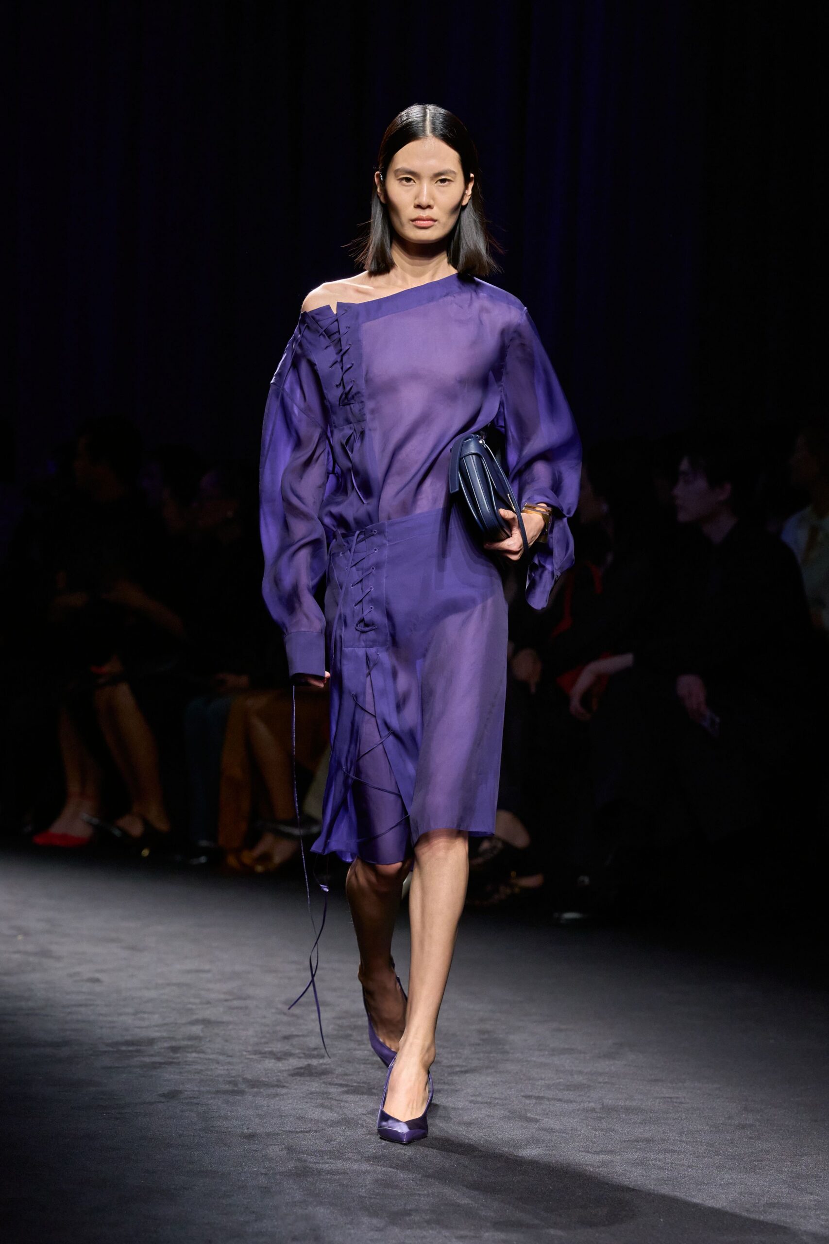 purple silk long-sleeve off-shoulder relaxed draped zippered dress