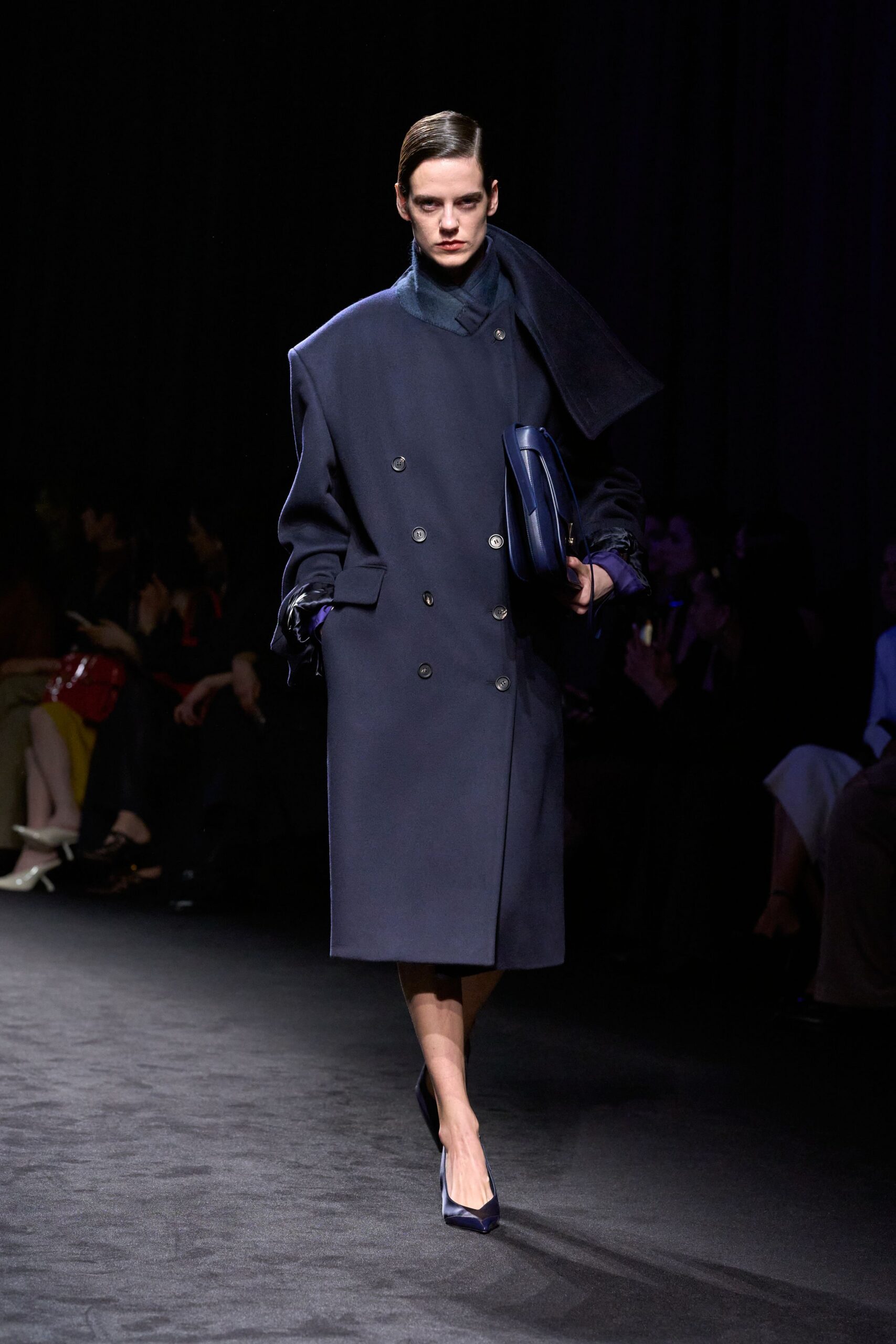 blue wool long-sleeve collared oversized coat