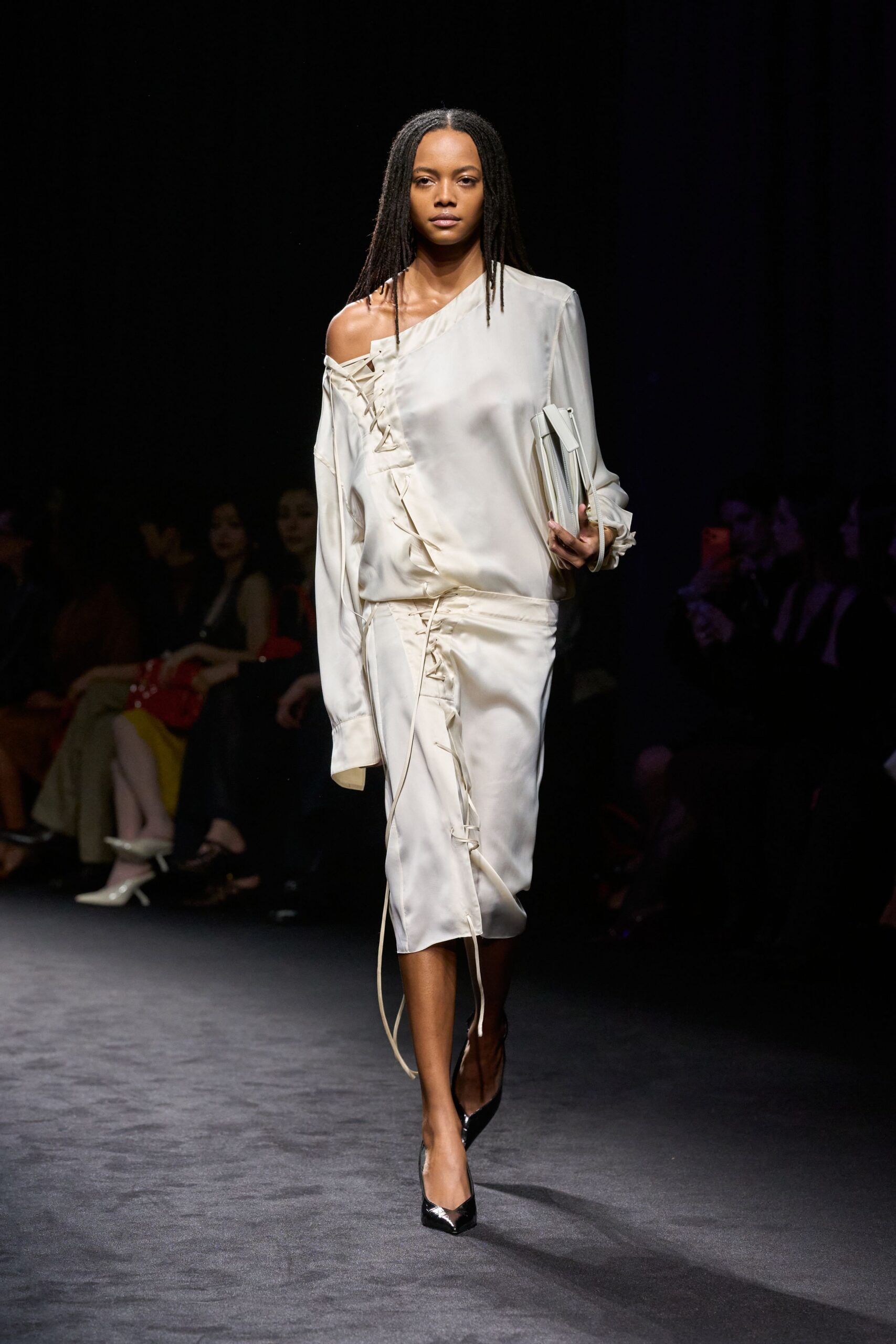 white silk long-sleeve off-shoulder fitted ruched flowing dress