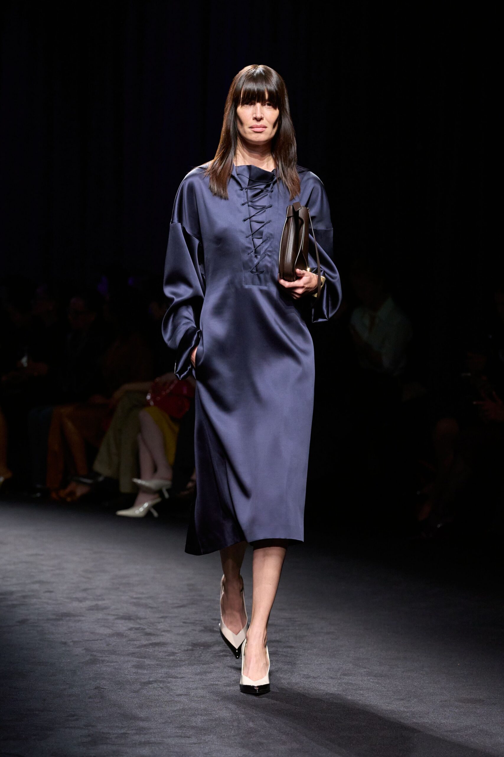 blue silk long-sleeve collared relaxed buttoned shiny dress