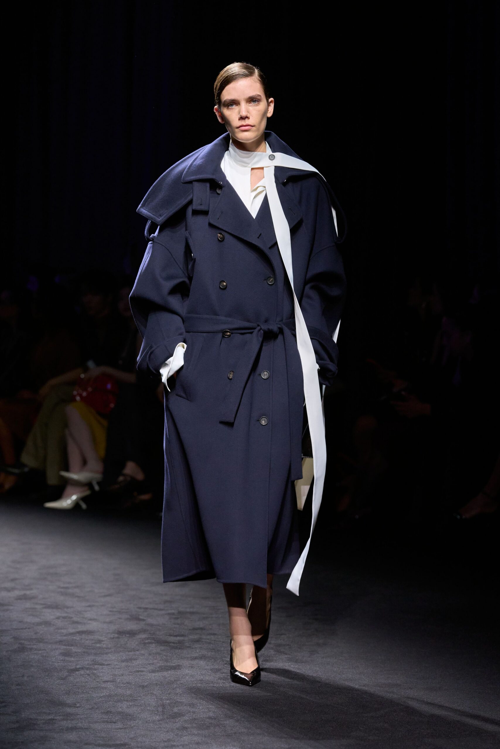 blue wool long-sleeve collared relaxed belted midi coat