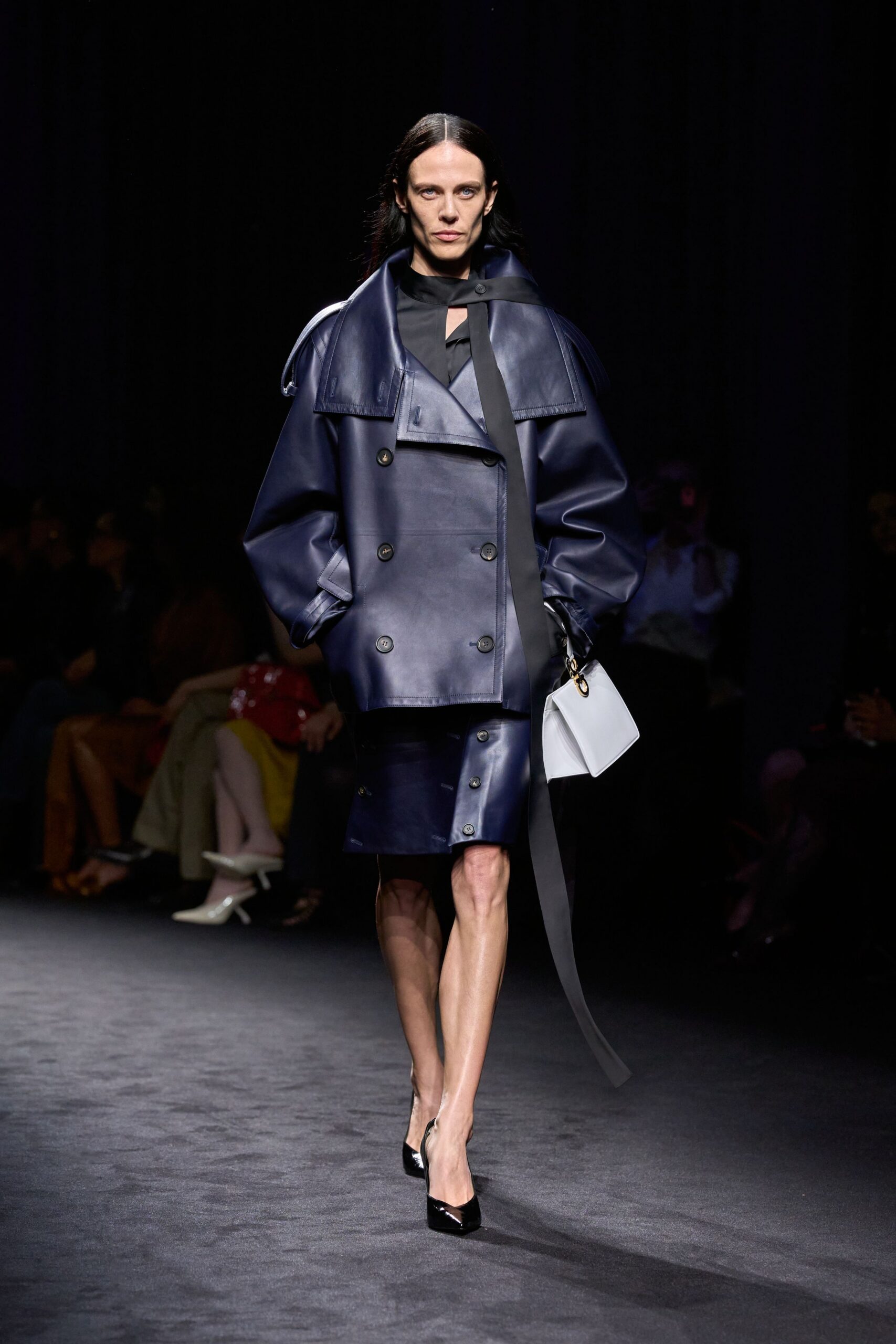 blue leather long-sleeve collared oversized buttoned coat