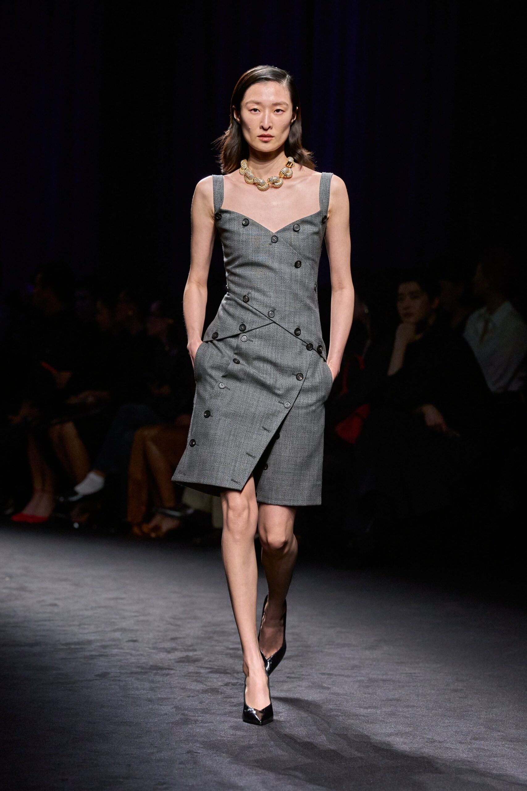 gray cotton sleeveless v-neck fitted buttoned pleated dress