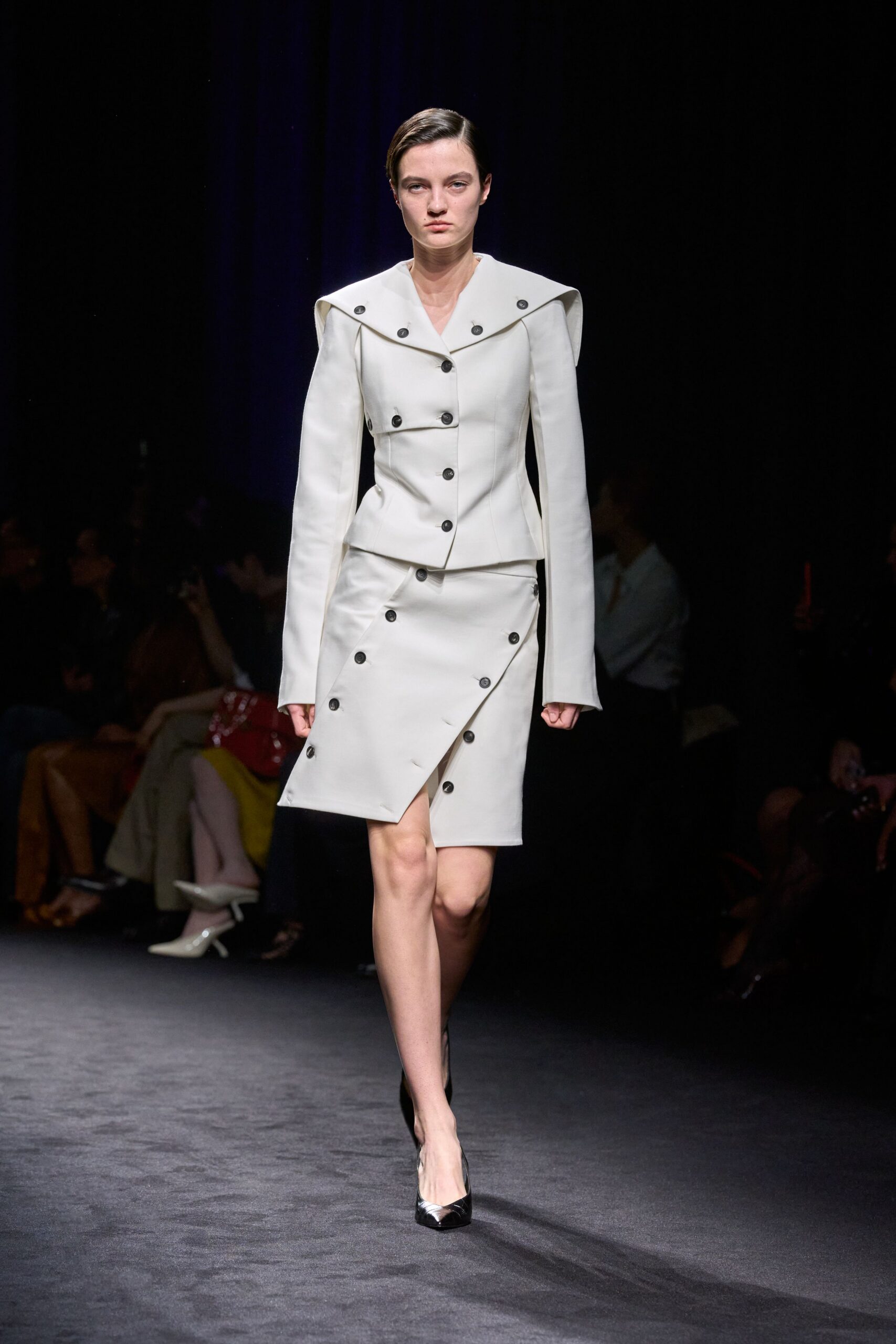 white leather long-sleeve collared fitted buttoned blazer