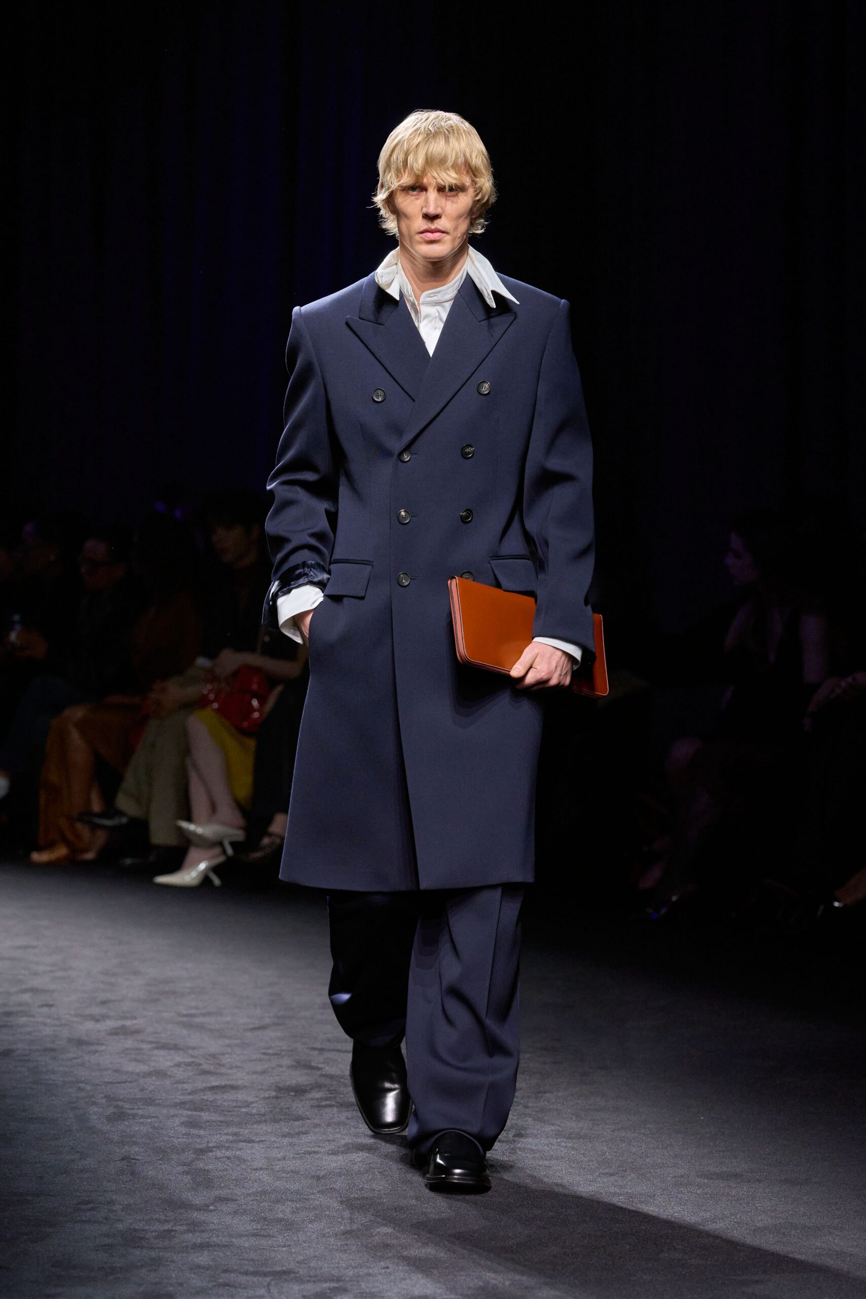 blue wool long-sleeve collared structured coat