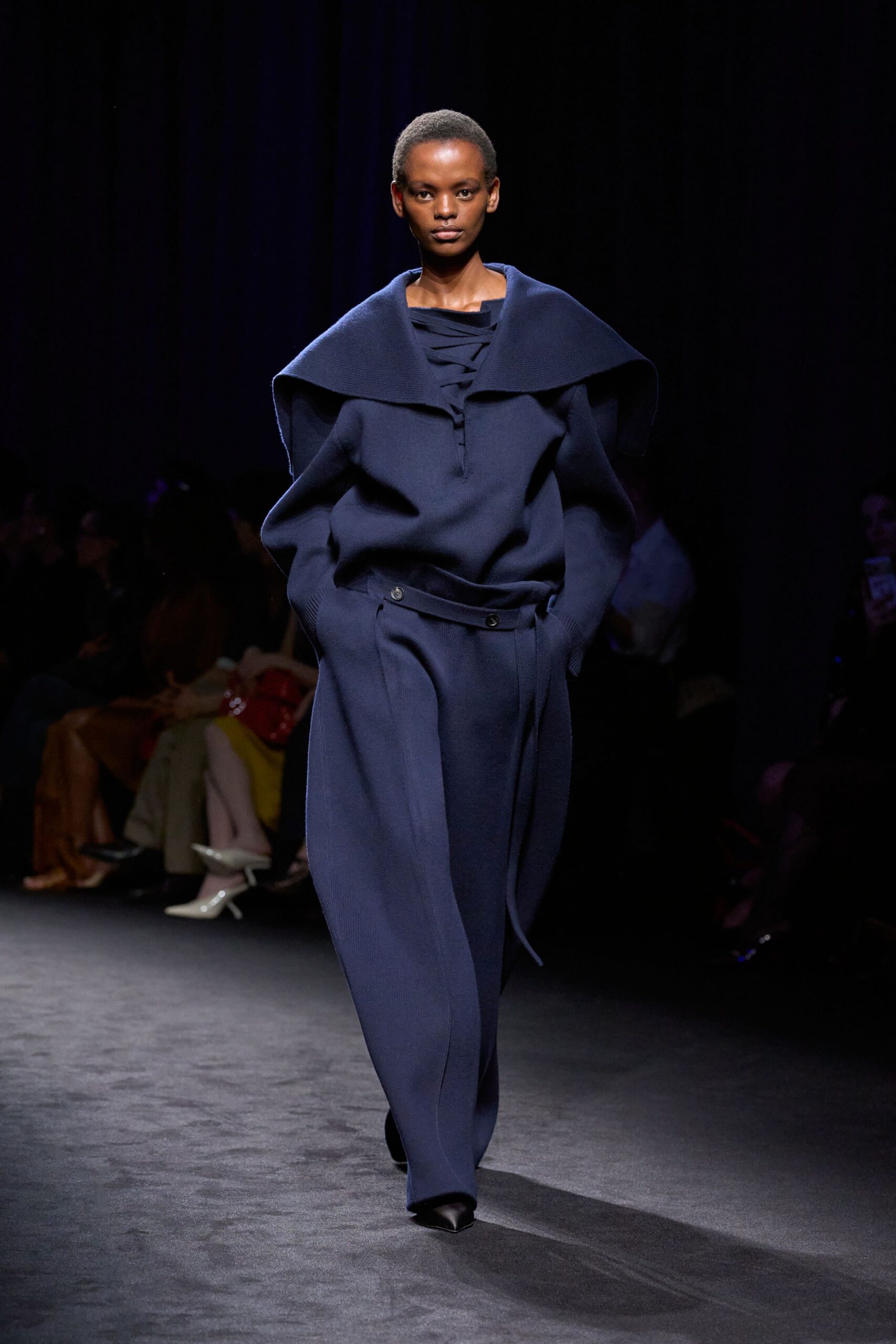 blue wool long-sleeve collared relaxed draped jumpsuit