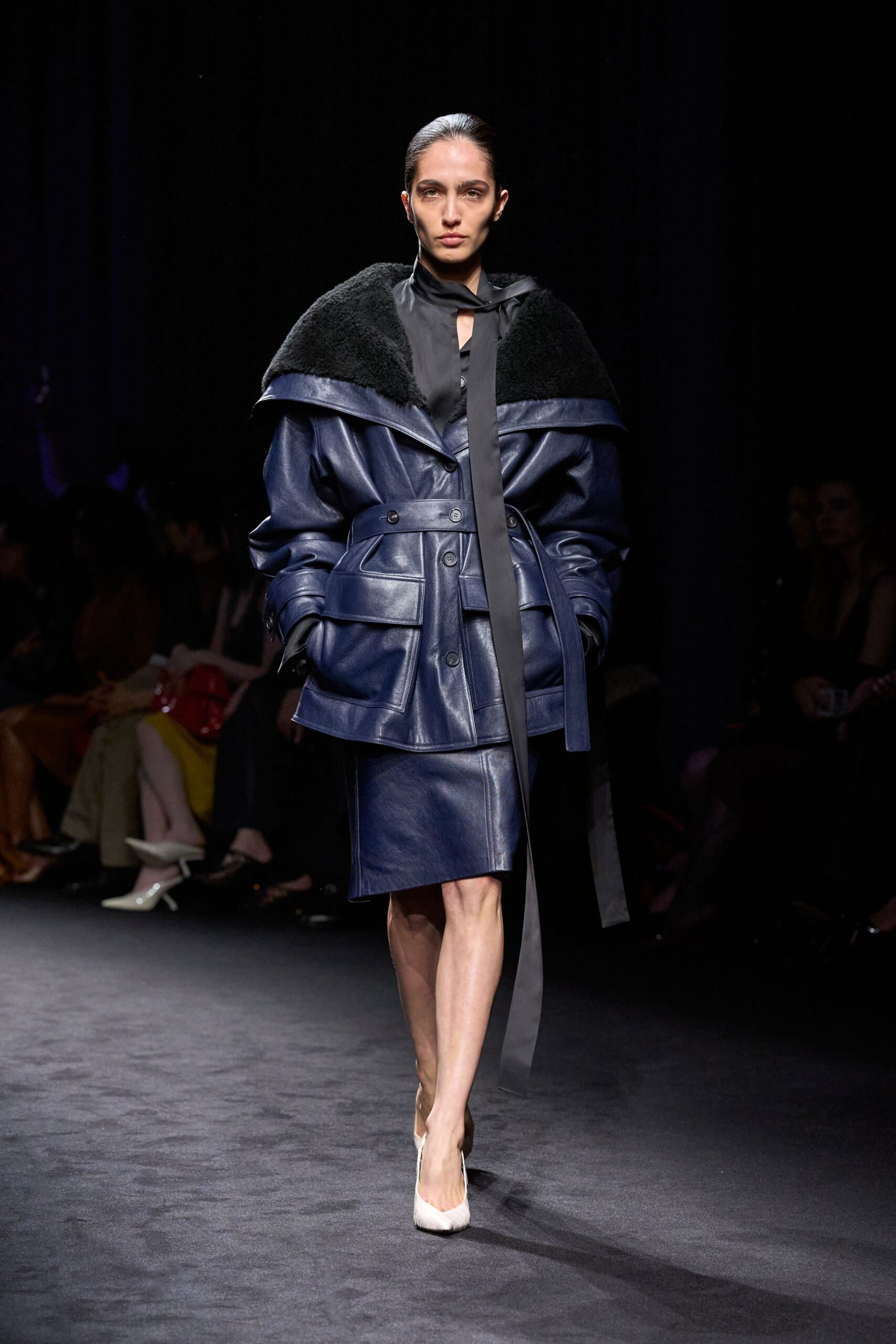 blue leather long-sleeve collared oversized belted coat