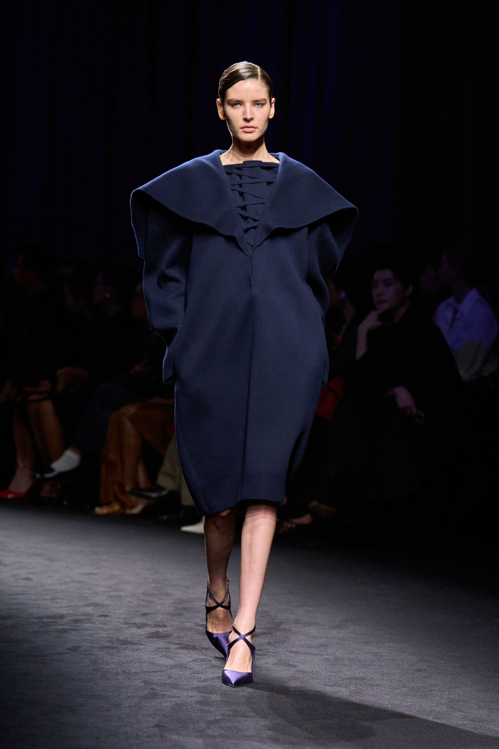 blue wool long-sleeve collared relaxed draped midi coat