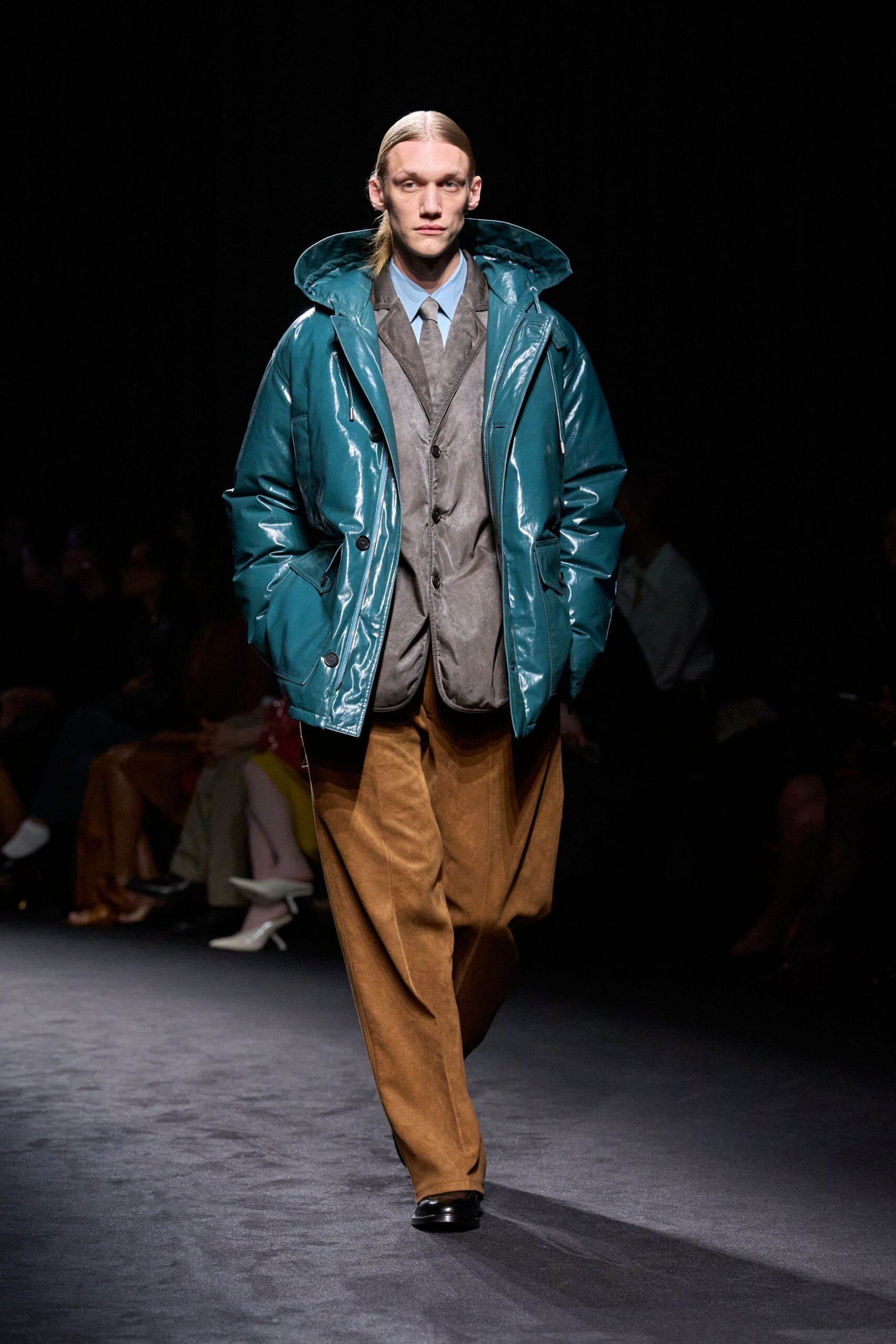 teal vinyl hooded relaxed zippered shiny jacket