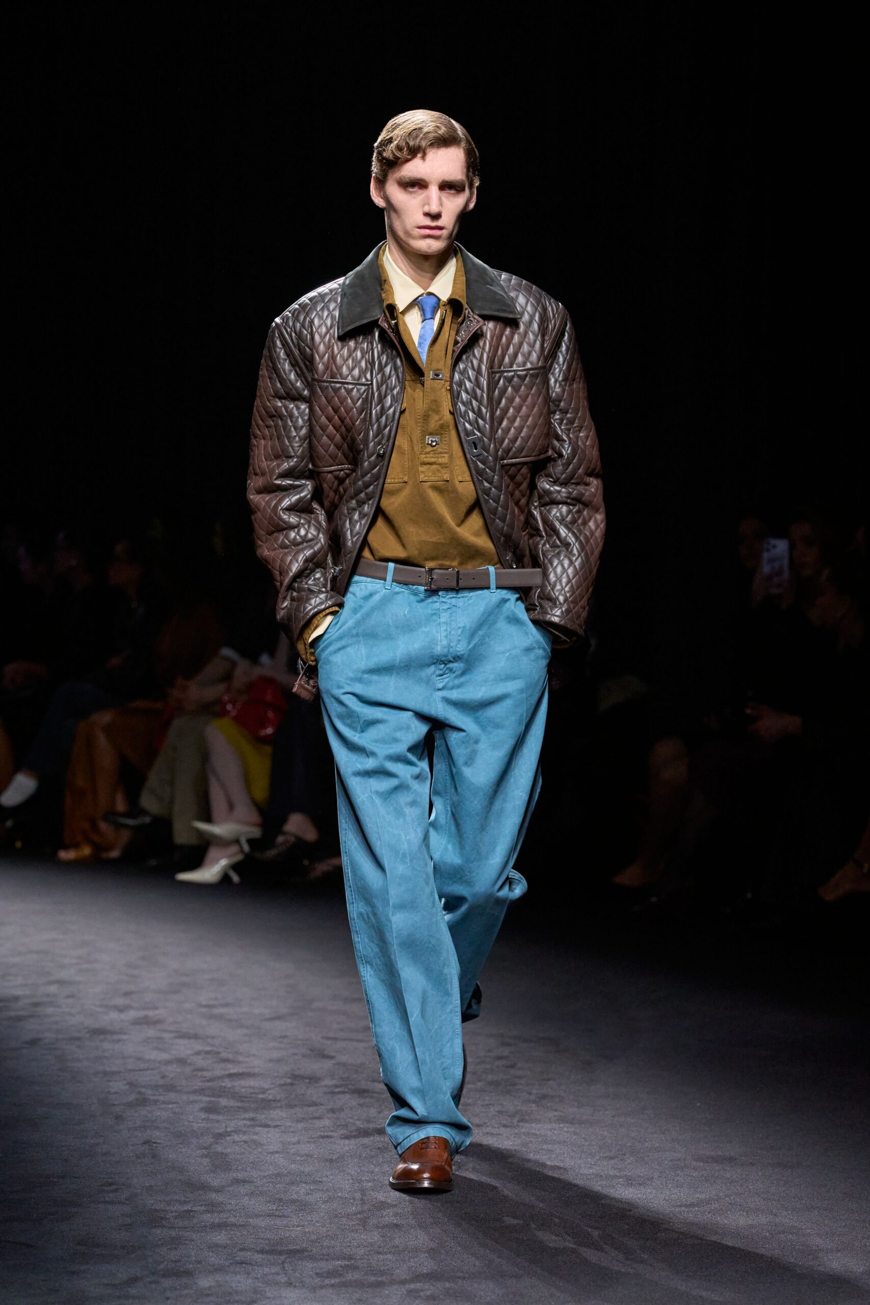 brown leather long-sleeve collared fitted quilted jacket