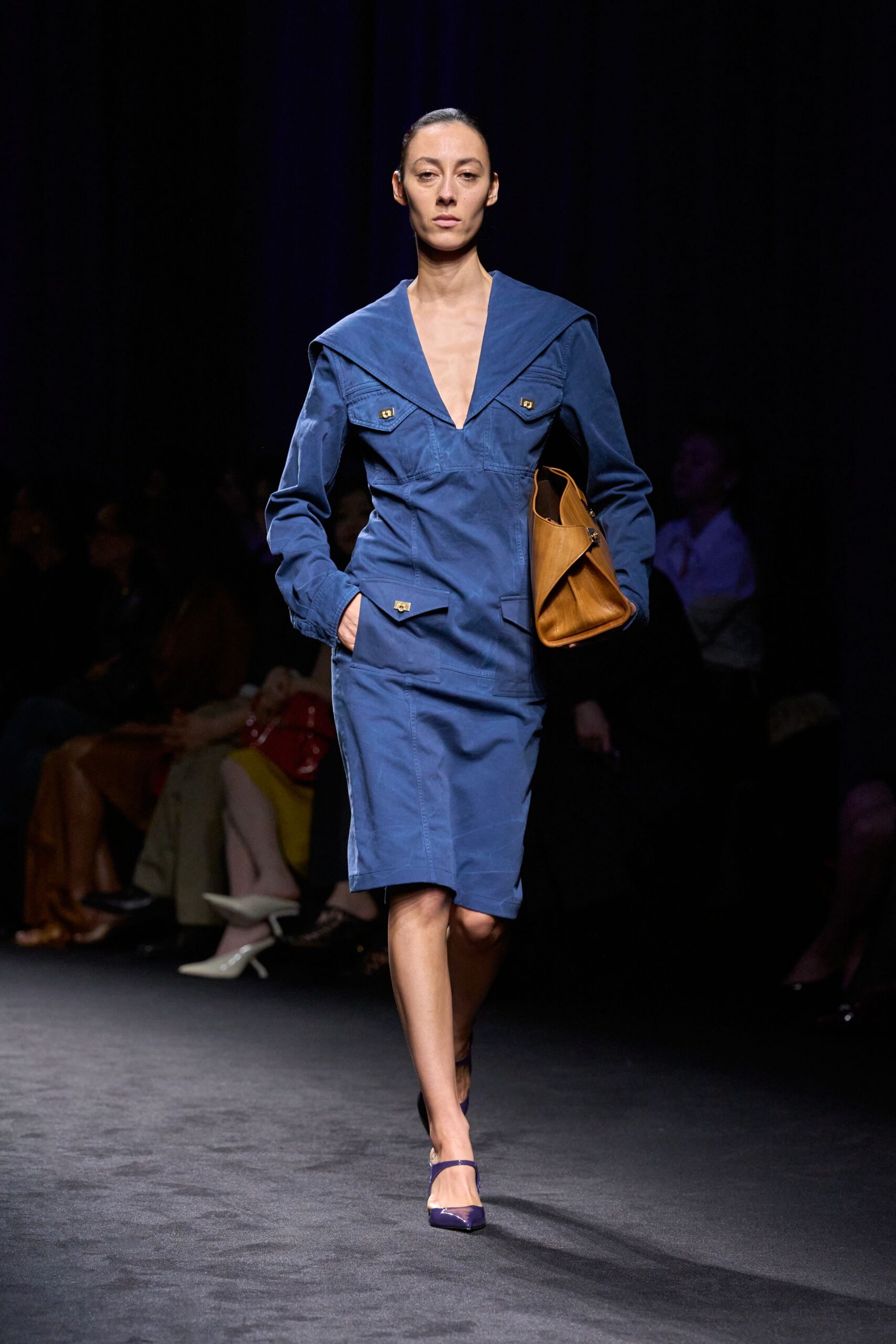 blue cotton long-sleeve v-neck fitted buttoned midi dress