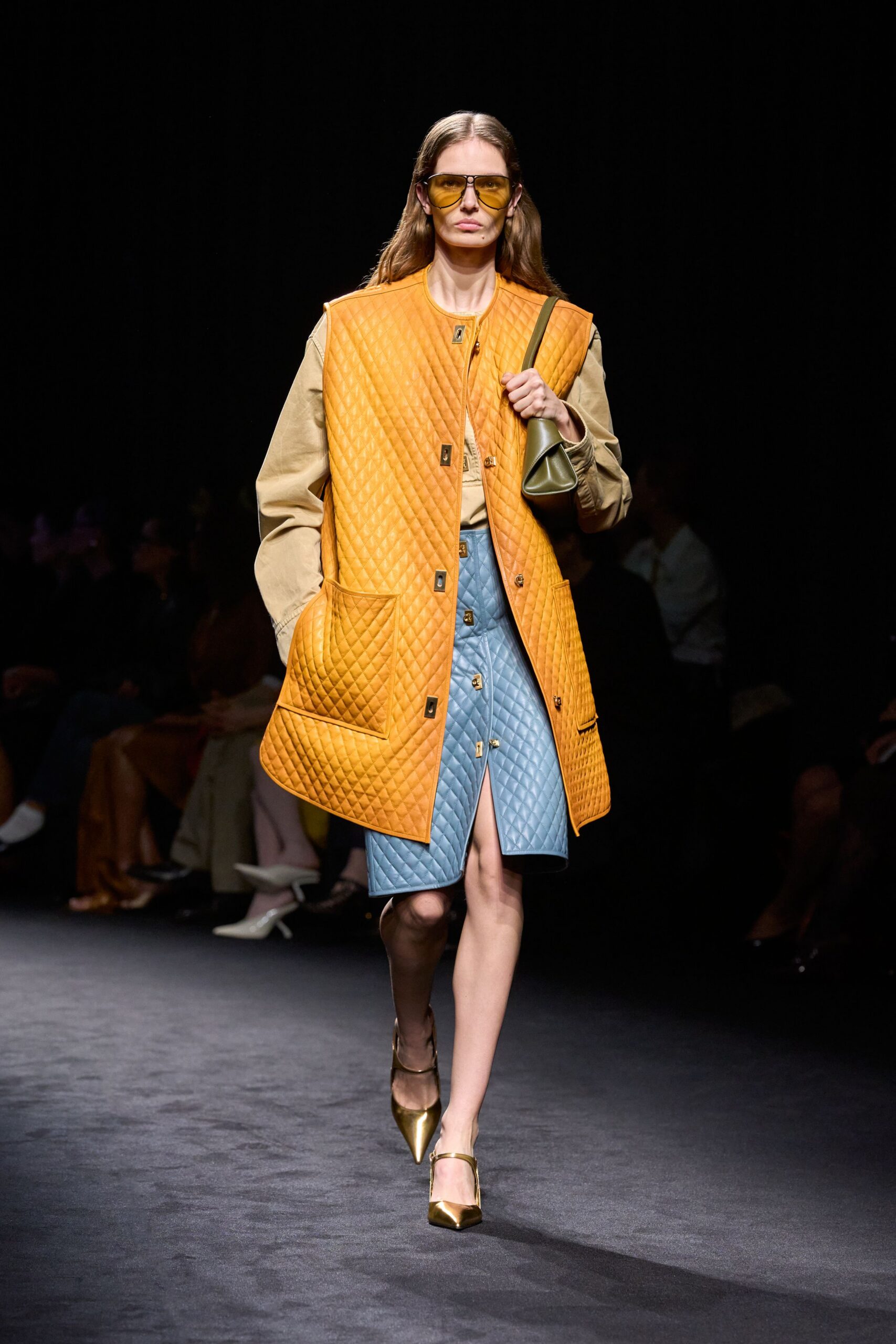 orange cotton long-sleeve collared relaxed quilted coat