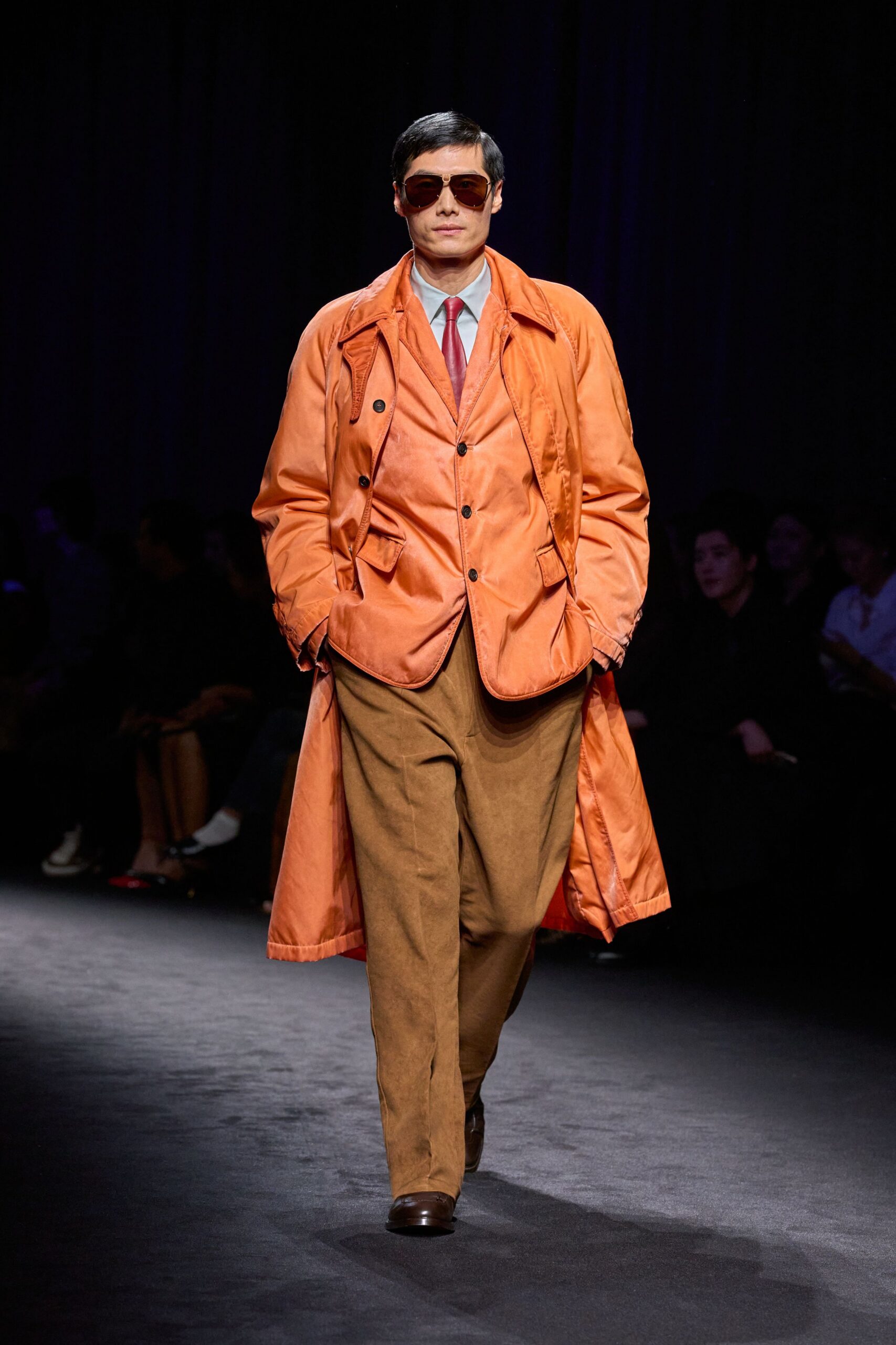 orange cotton long-sleeve collared relaxed buttoned coat