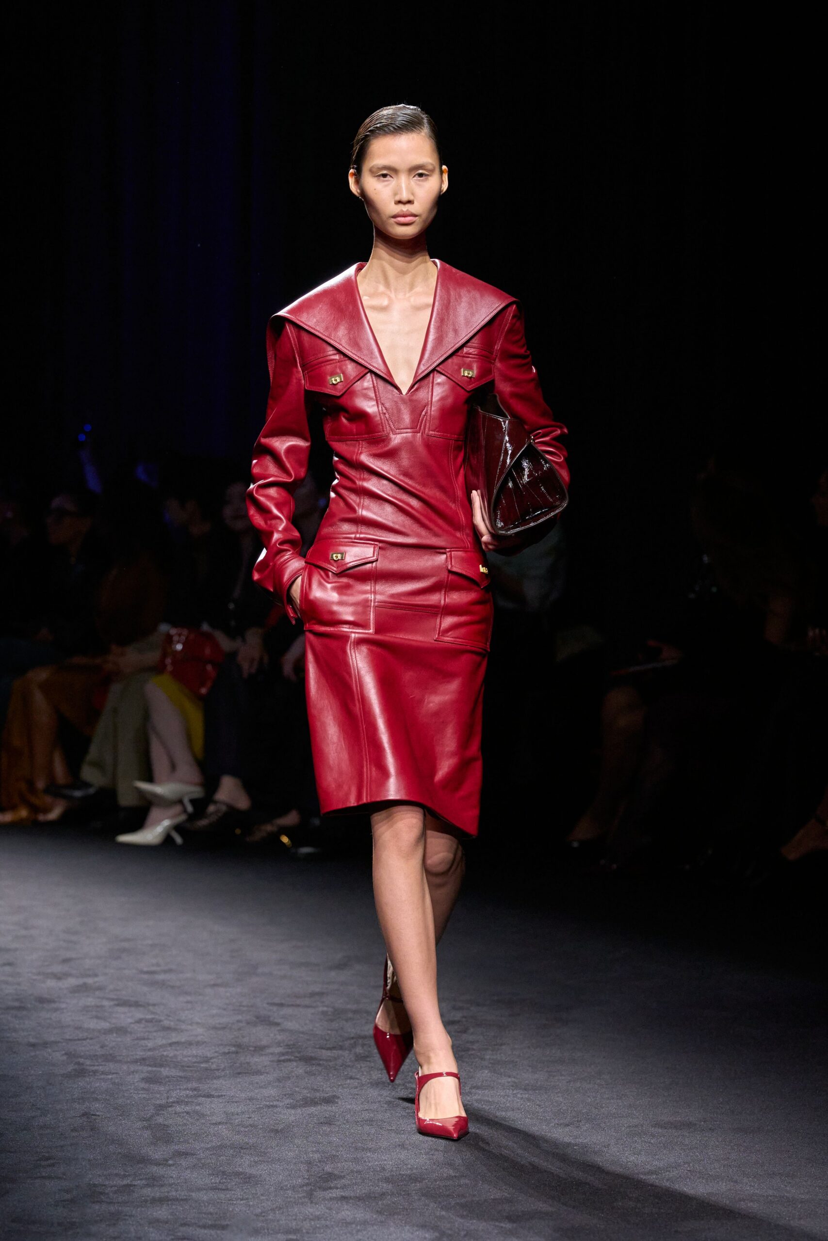 red leather long-sleeve v-neck fitted buttoned midi dress