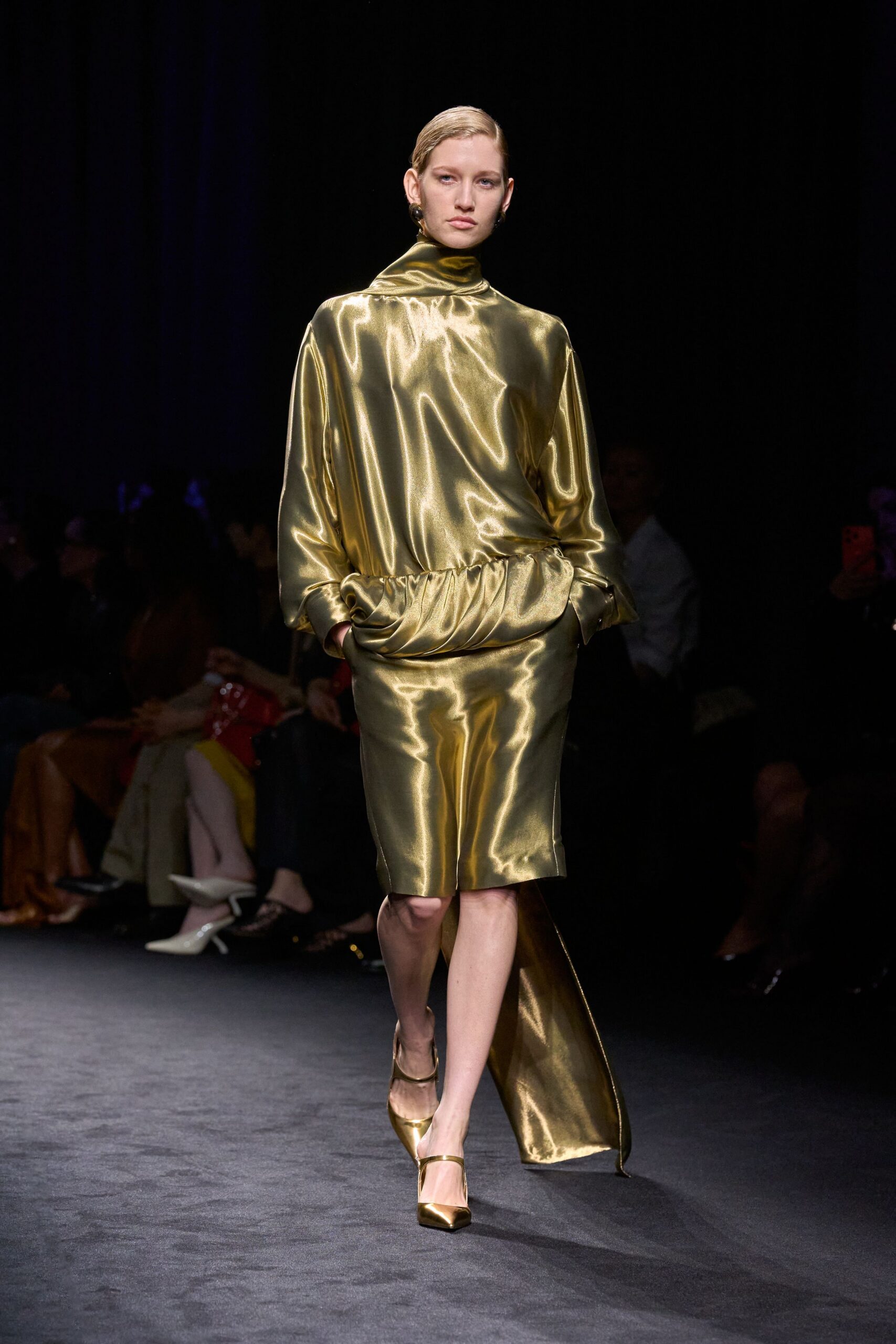 gold satin long-sleeve high-neck relaxed draped shiny dress