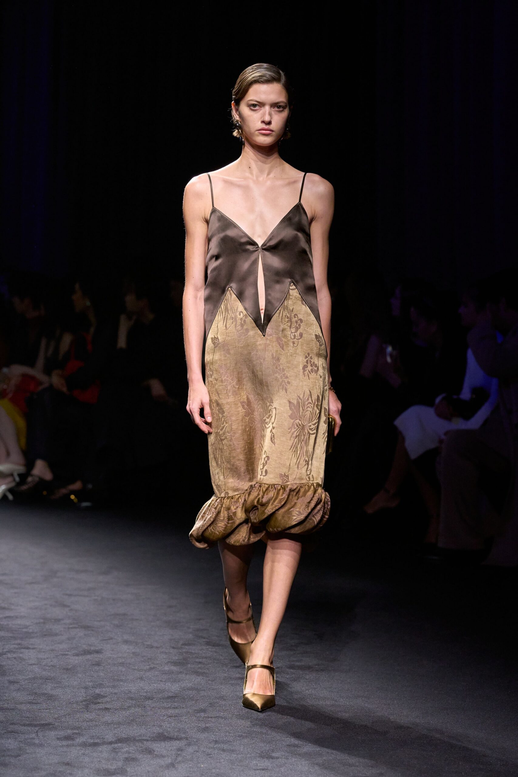 brown silk sleeveless v-neck fitted ruffled midi dress
