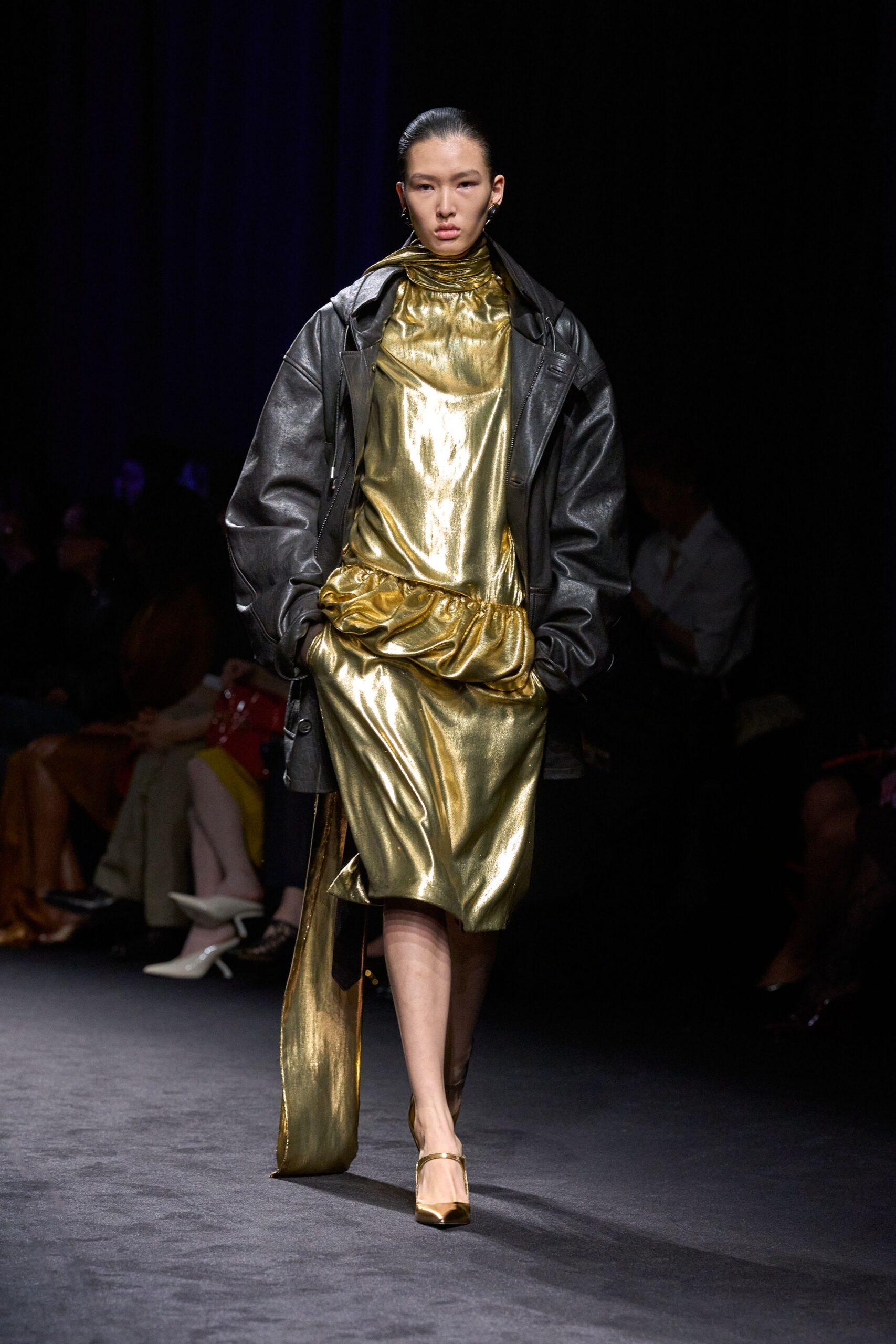 black leather long-sleeve oversized jacket