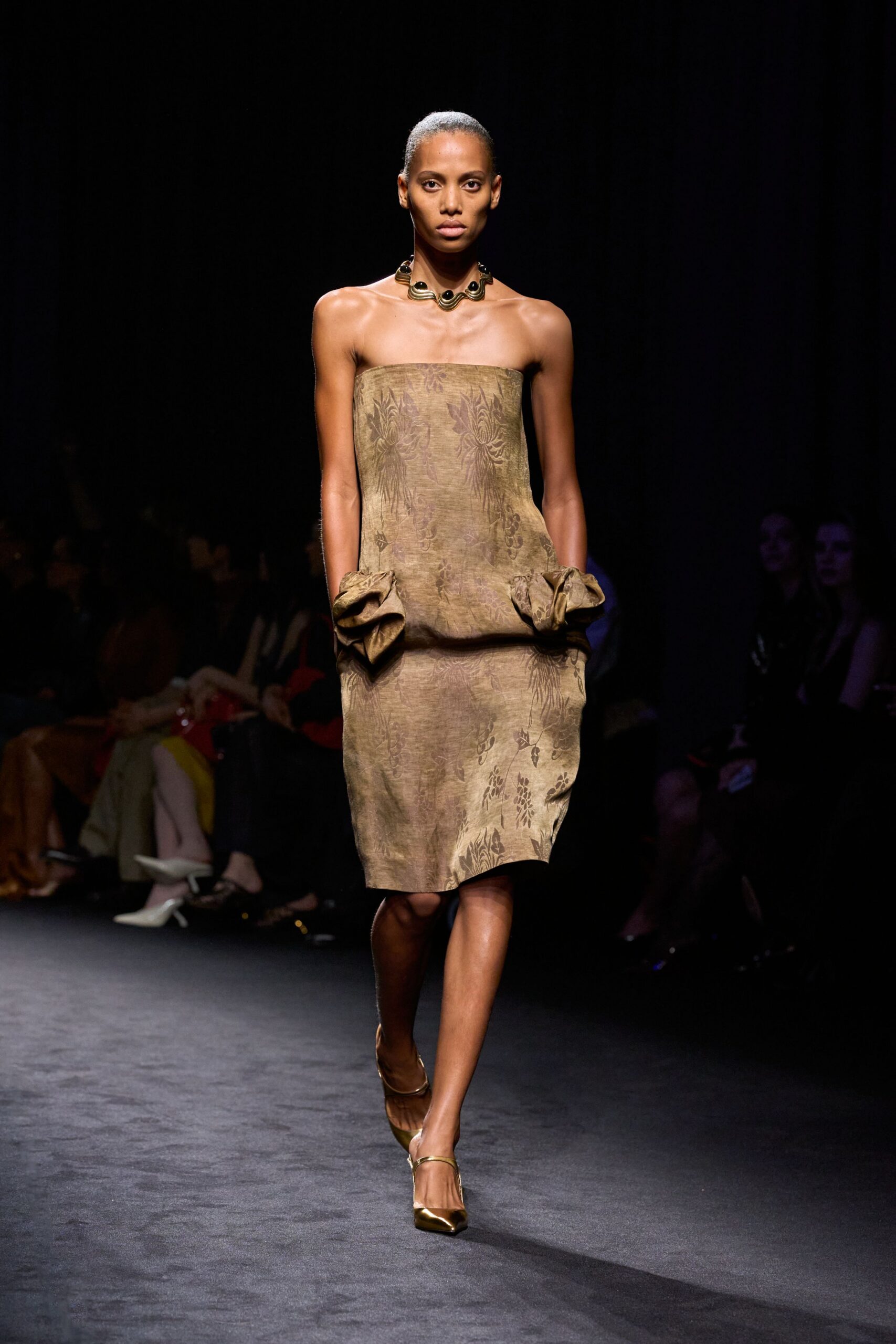 brown silk strapless fitted embroidered mini dress