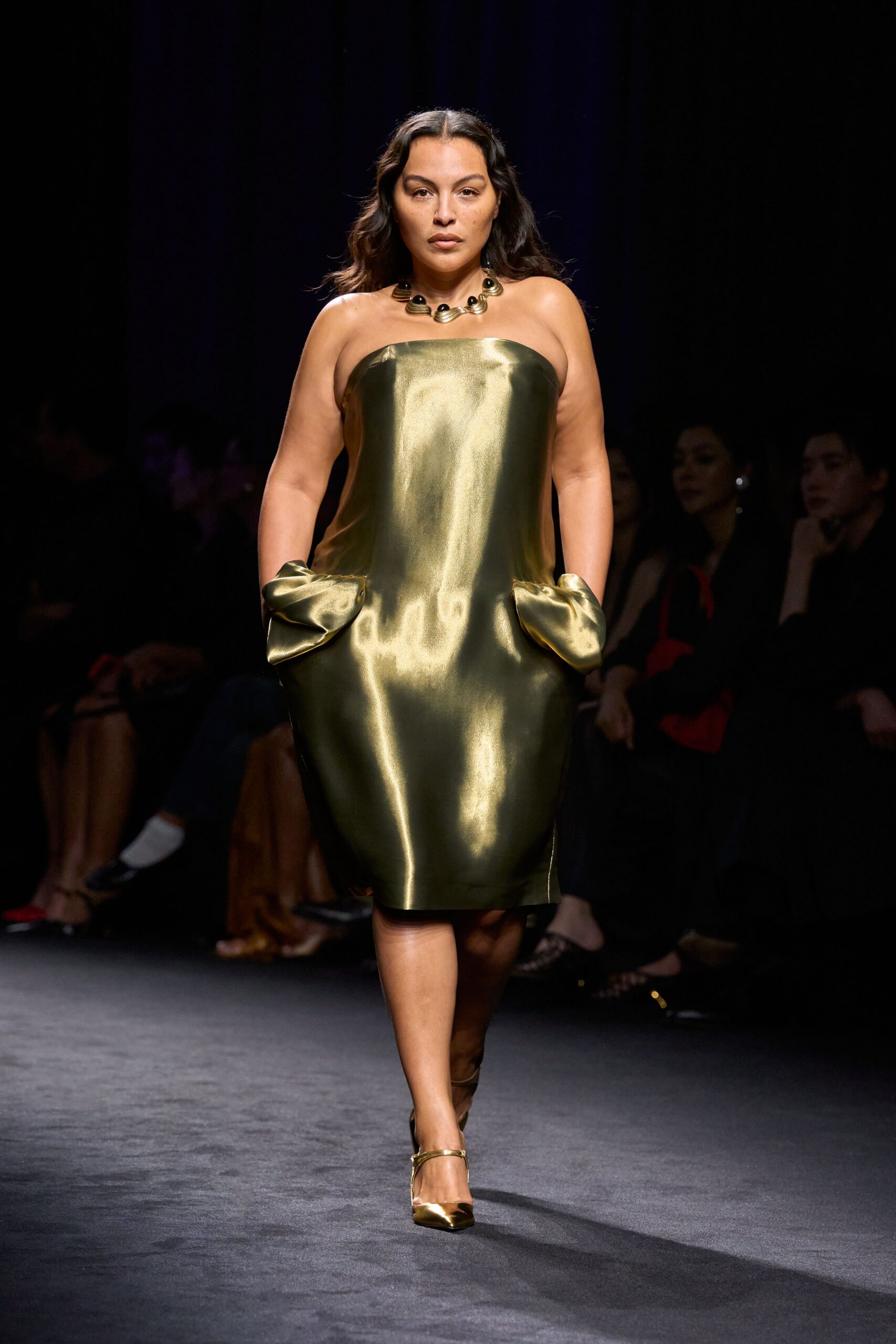 gold satin strapless fitted pockets shiny mini dress